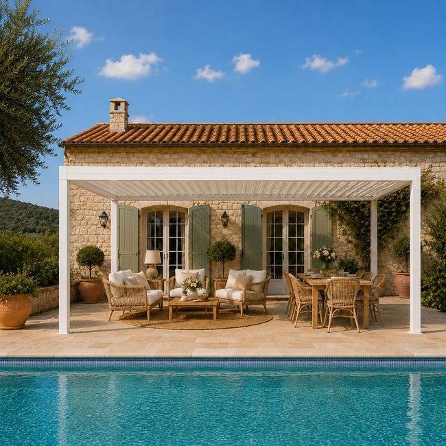 Pergola Bioclimatique Aluminium Autoportante Motorisée Éclairée 5x3,5 Blanc SV ORIAL France - Image 1