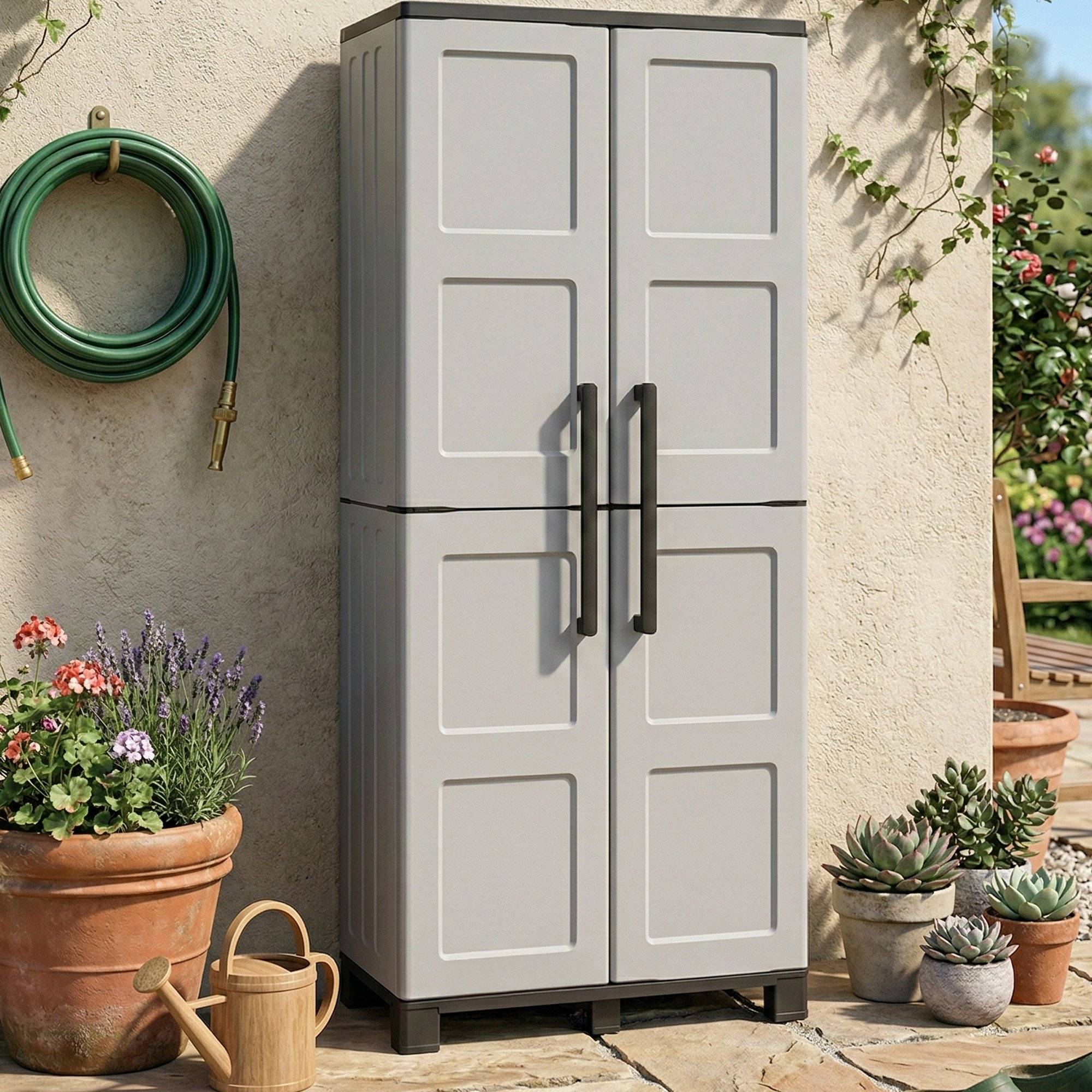 Dmora - Armoire d'extérieur Dbesaggi, Armoire de balcon polyvalente à 2 portes, 100% Made in Italy, 68x37h169 cm, Gris clair et noir, Finition damier - Dmora - Image 2