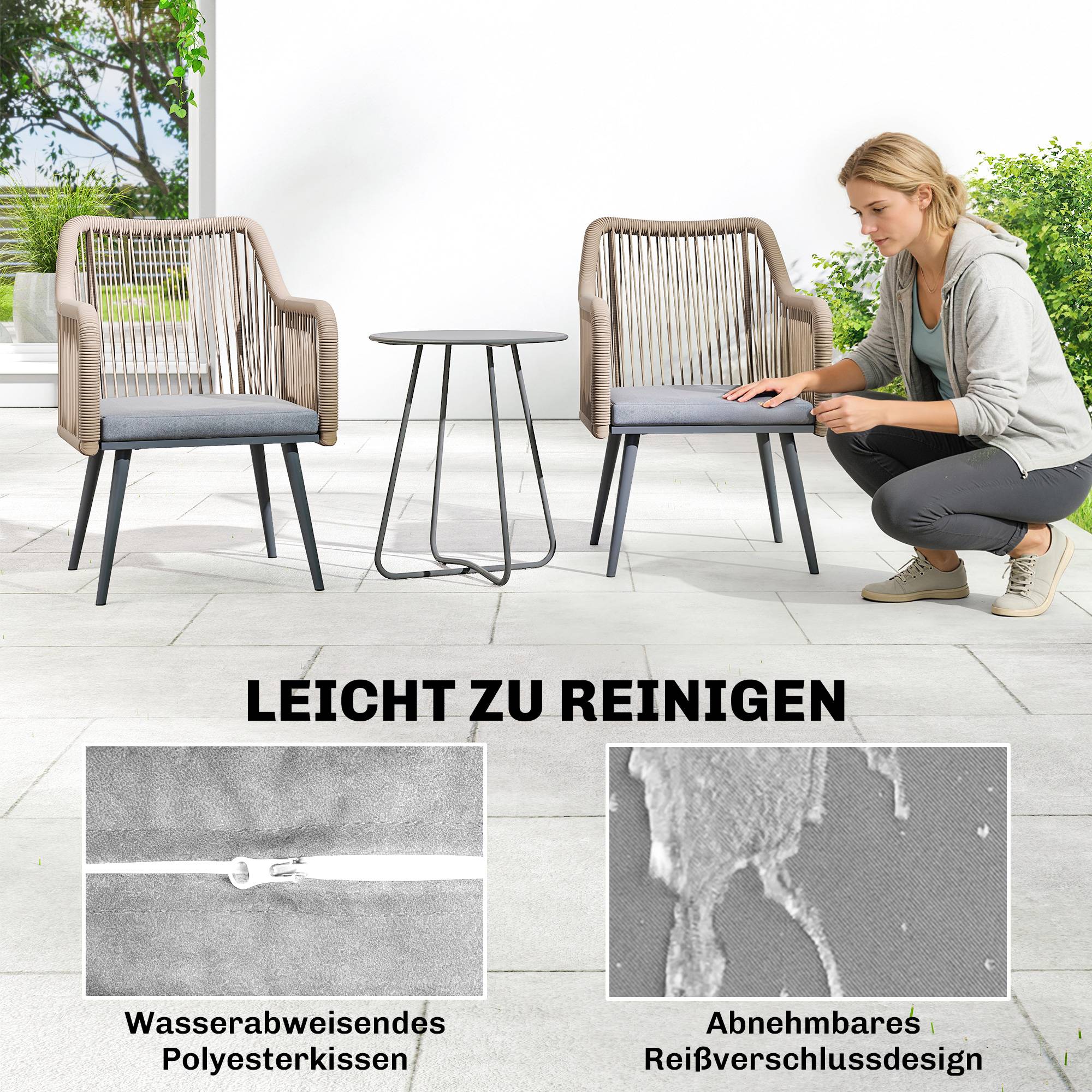 Lot de 2 fauteuils de jardin : résistants, accoudoirs, coussins, cadre métal, capacité 120 kg, gris clair - Image 7