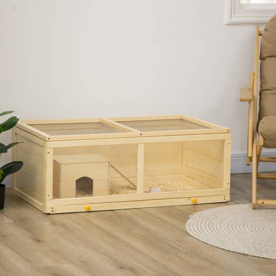 Cage en bois pour hamster avec toit à charnières, panneau en acrylique, bac et niche amovibles, 100 x 58 x 38 cm, naturel - Image 3