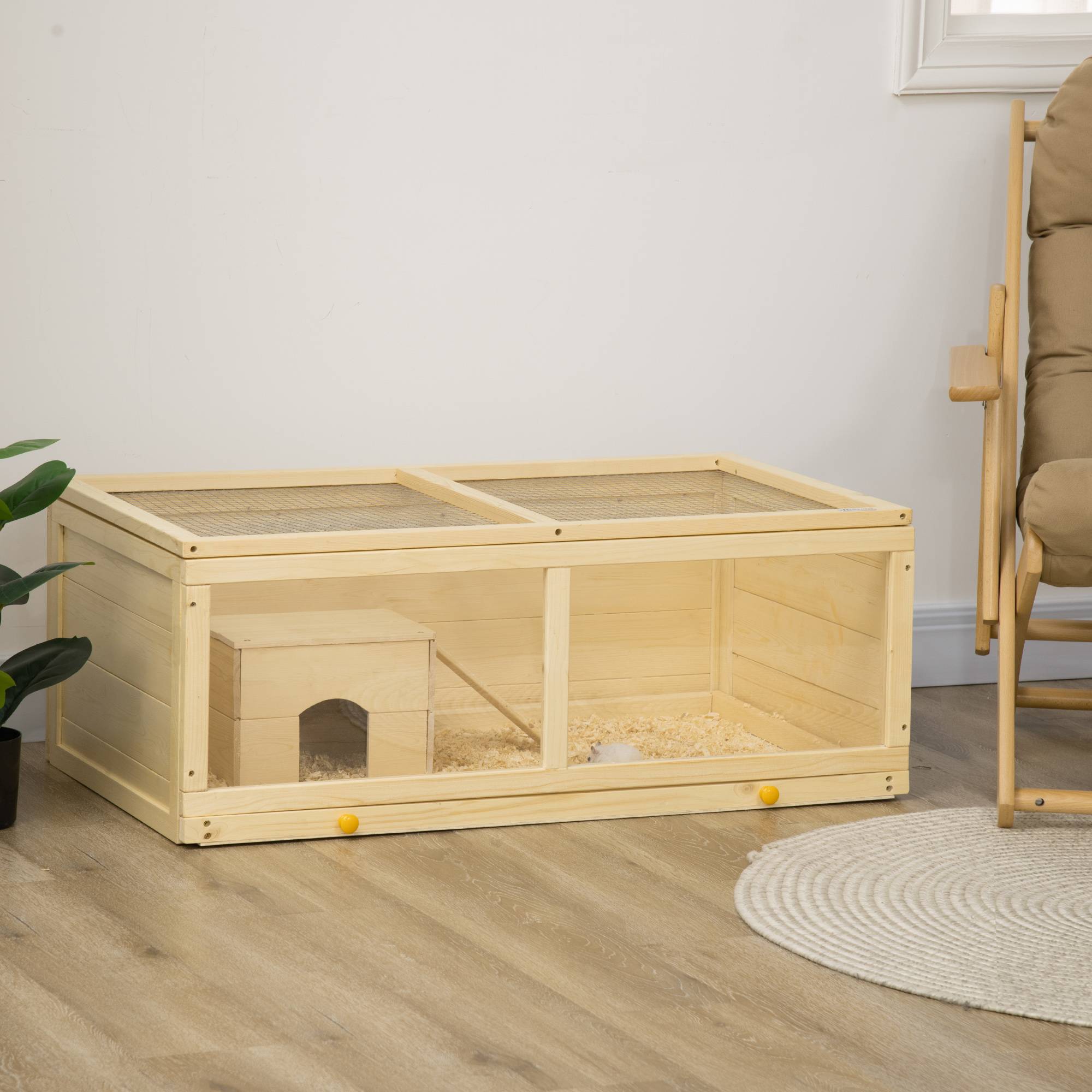 Cage en bois pour hamster avec toit à charnières, panneau en acrylique, bac et niche amovibles, 100 x 58 x 38 cm, naturel - Image 3