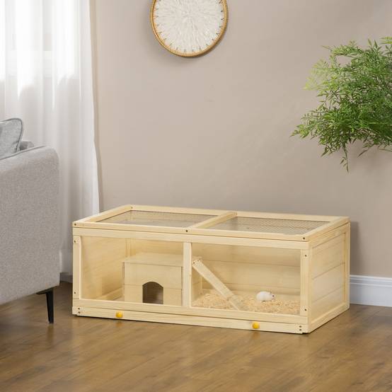 Cage en bois pour hamster avec toit à charnières, panneau en acrylique, bac et niche amovibles, 100 x 58 x 38 cm, naturel - Image 4