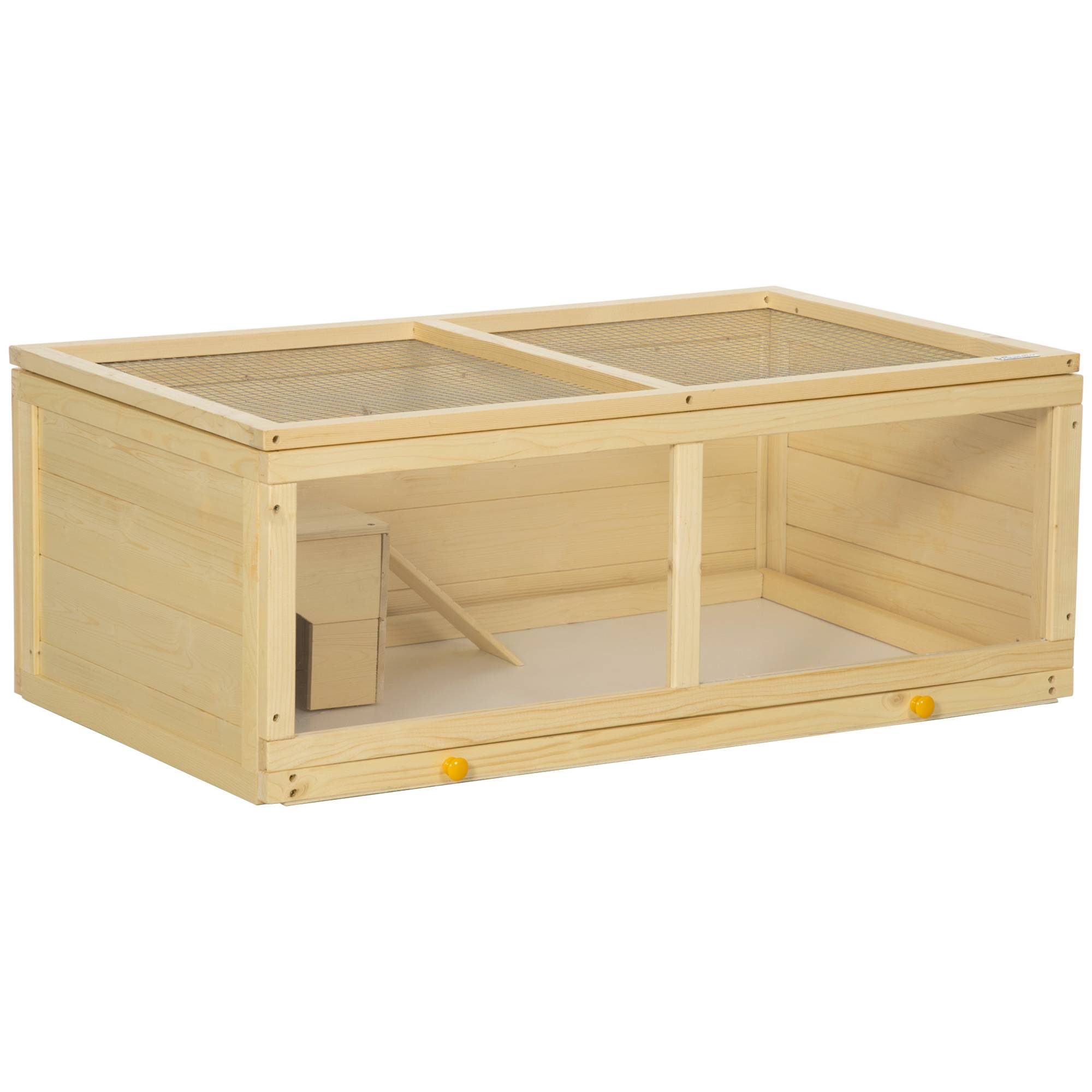 Cage en bois pour hamster avec toit à charnières, panneau en acrylique, bac et niche amovibles, 100 x 58 x 38 cm, naturel - Image 2