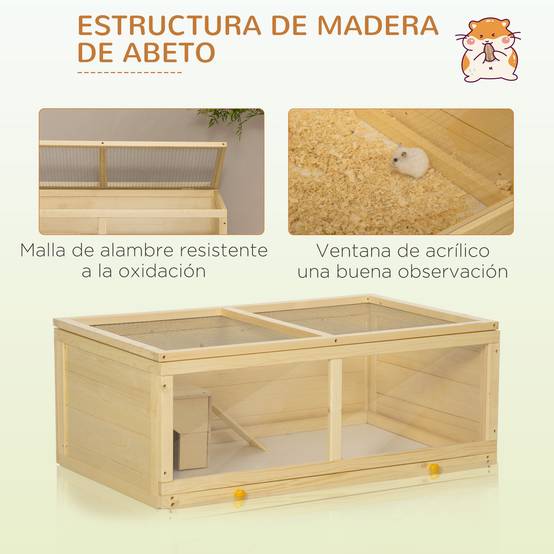 Cage en bois pour hamster avec toit à charnières, panneau en acrylique, bac et niche amovibles, 100 x 58 x 38 cm, naturel - Image 9