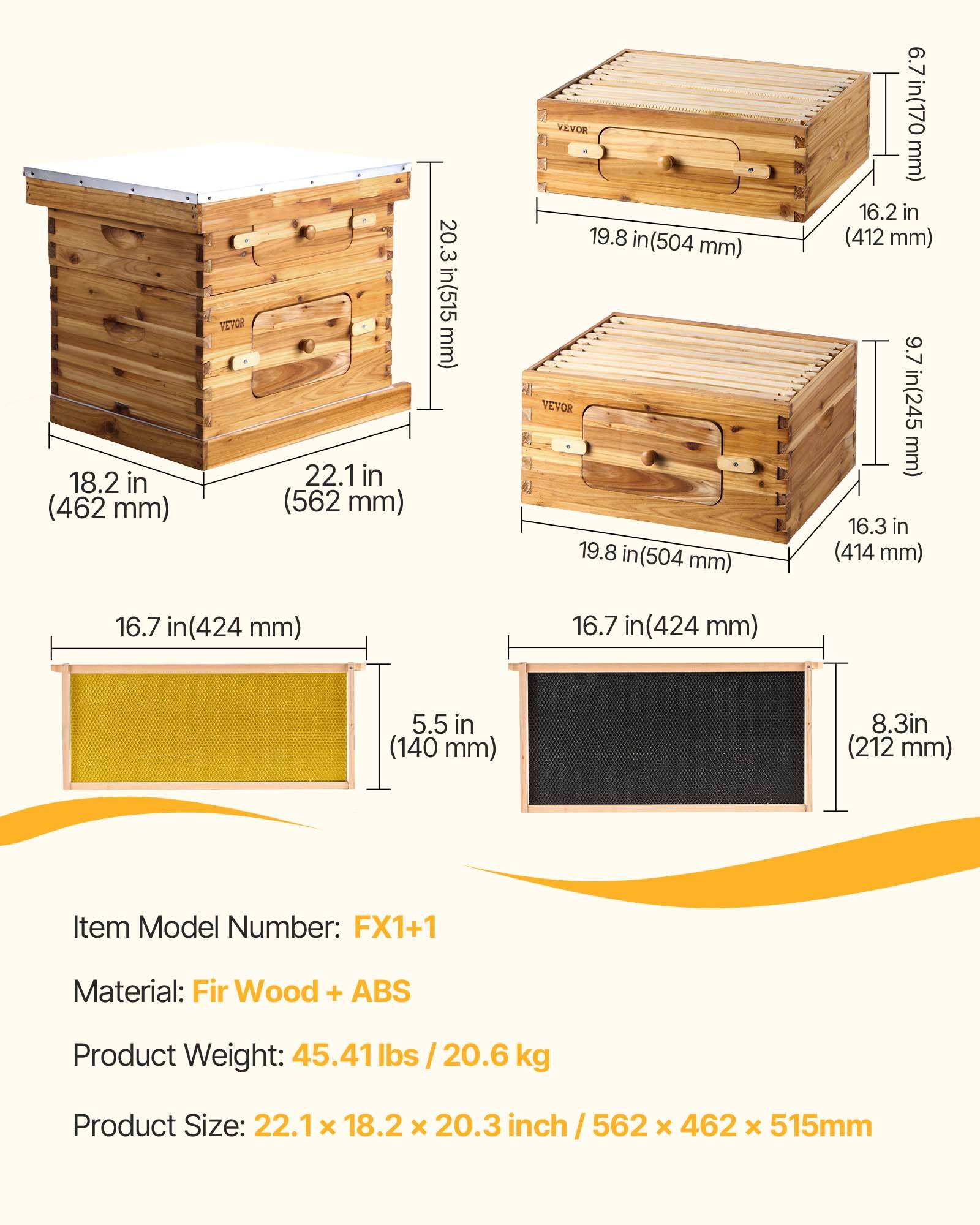 Vevor - VEVOR Ruche abeilles 20 cadres, bois sapin cire d'abeille, 1 boîte profonde 1 moyenne. Fenêtres acrylique. - Image 6