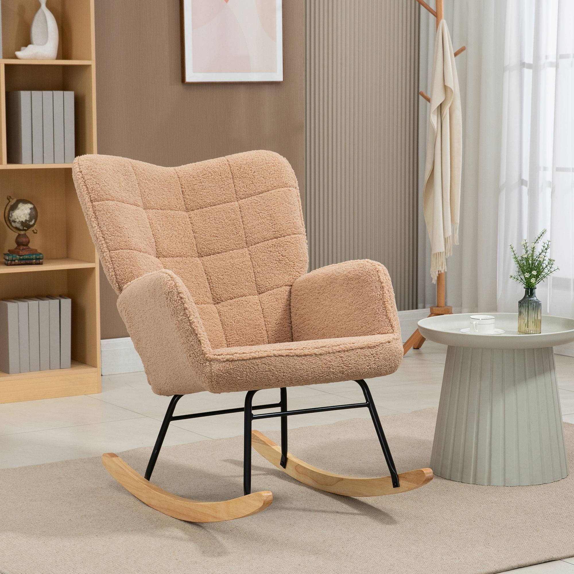 Fauteuil à bascule rocking chair revêtement effet laine bouclée, structure en acier 71 x 98 x 101 cm marron - Image 3