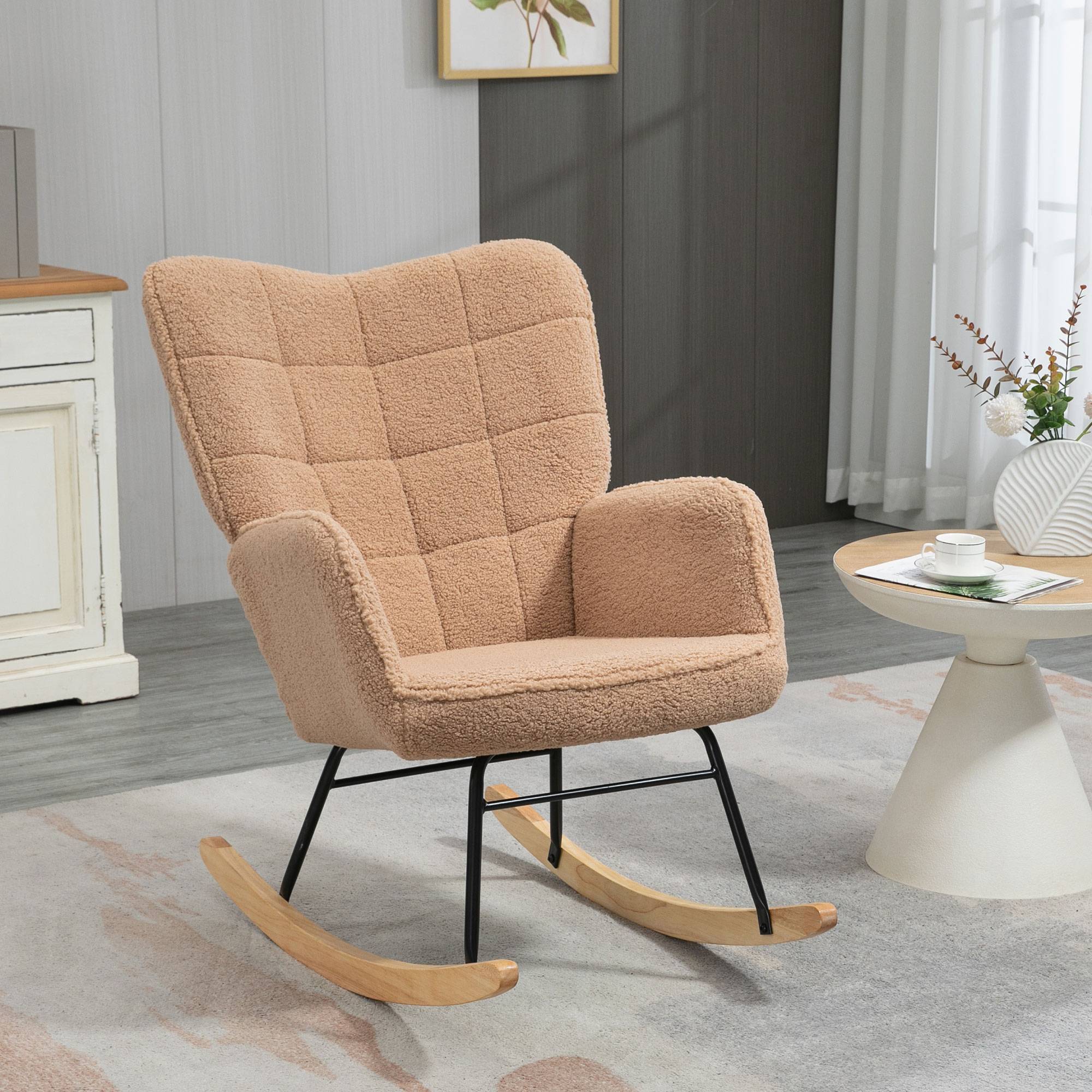 Fauteuil à bascule rocking chair revêtement effet laine bouclée, structure en acier 71 x 98 x 101 cm marron - Image 4