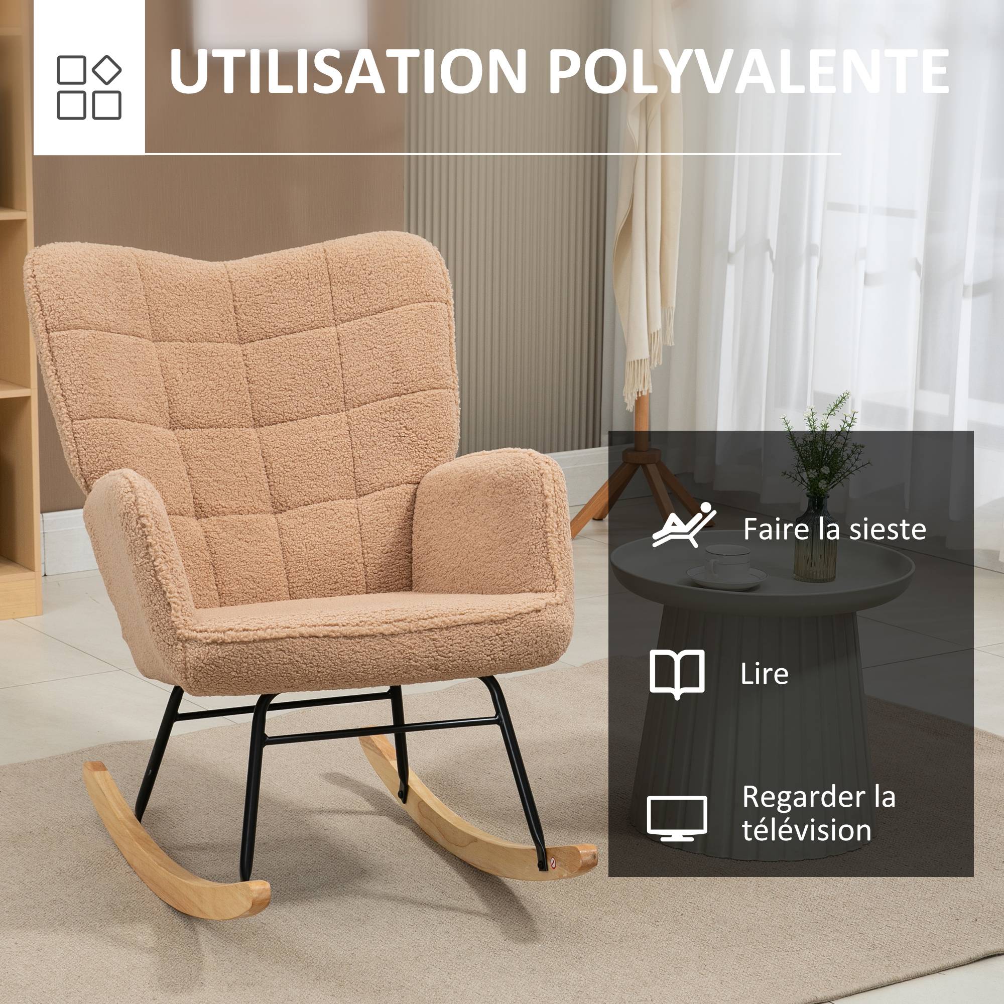 Fauteuil à bascule rocking chair revêtement effet laine bouclée, structure en acier 71 x 98 x 101 cm marron - Image 8
