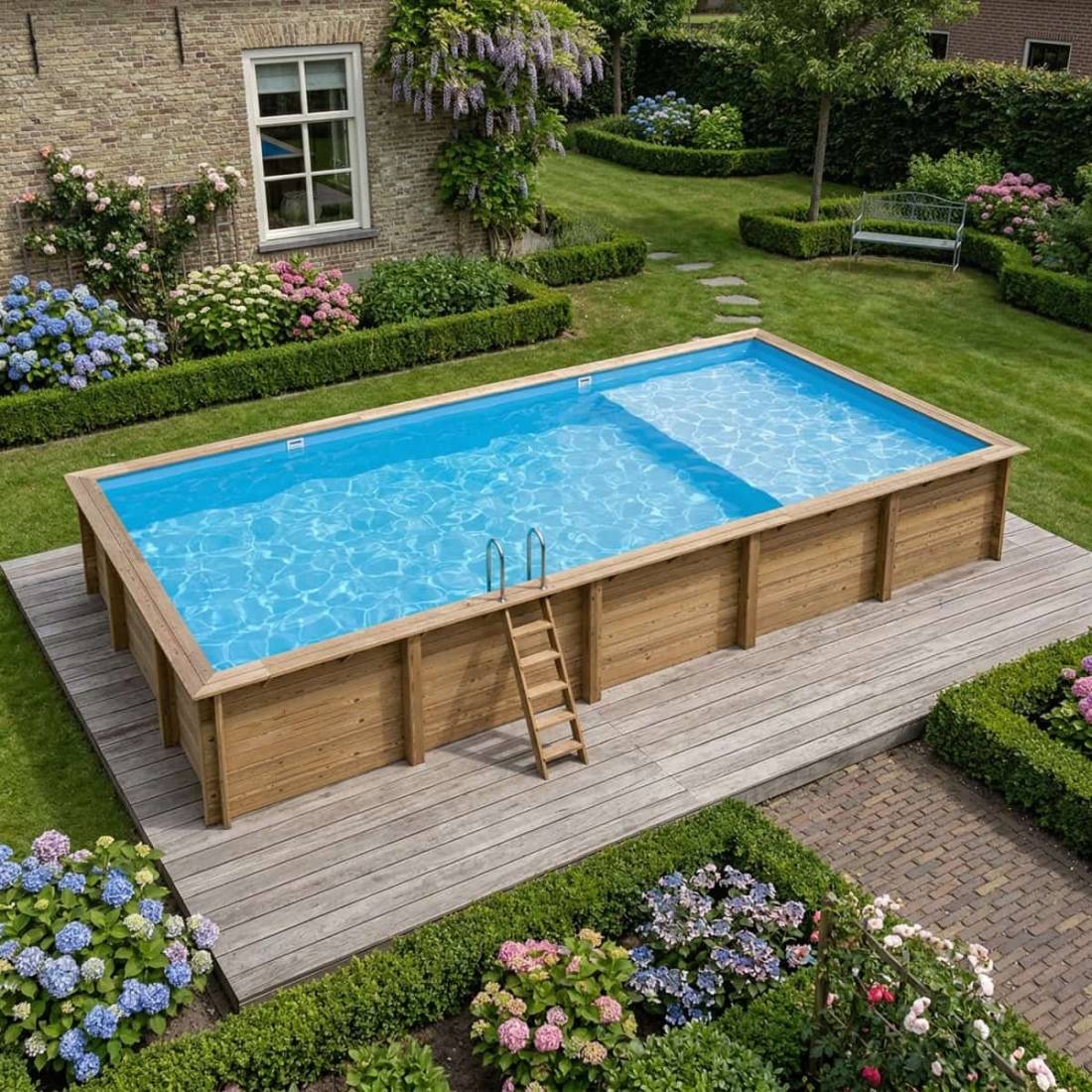 Altanka - Piscine hors sol en bois AQUA 10.2 x 5.2 - H.1.45 m avec plage, bleu pâle, fixations à sceller - BAS7310OSPI+PLA310 - ALTANKA - Image 1