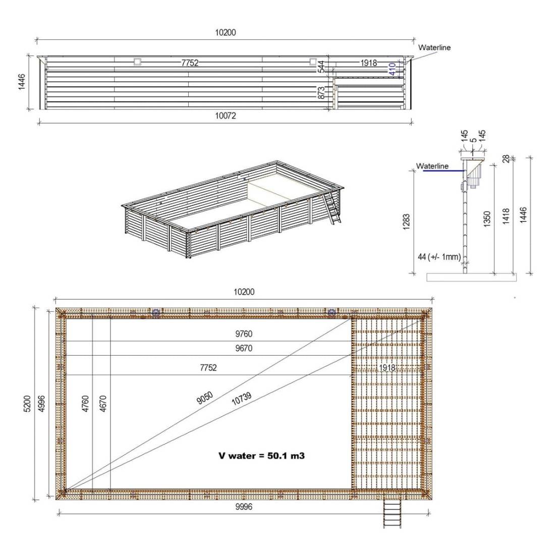 Altanka - Piscine hors sol en bois AQUA 10.2 x 5.2 - H.1.45 m avec plage, bleu pâle, fixations à sceller - BAS7310OSPI+PLA310 - ALTANKA - Image 4