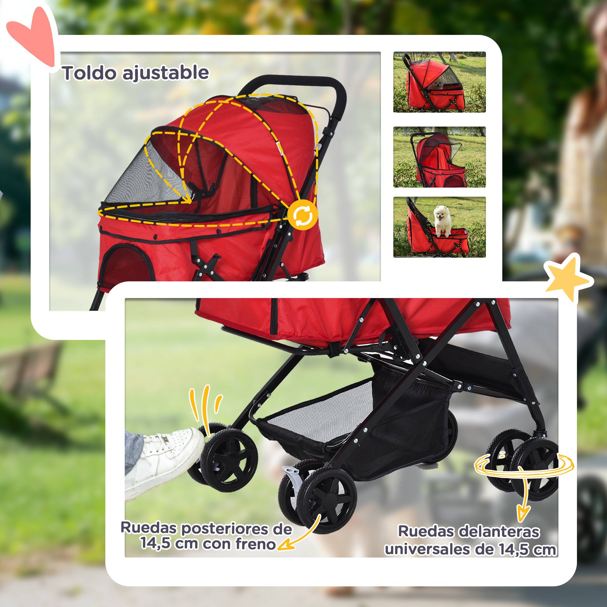 Poussette pliable pour chien avec poignée réversible, fenêtre en filet et panier de rangement, 76,5 x 52 x 95 cm, rouge - Image 8