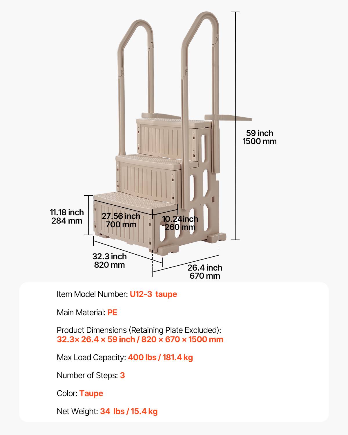 Vevor - VEVOR Escalier de Piscine de 91,4-122 cm 3 Marches avec 2 Rampes 181,4 kg Taupe - Image 7