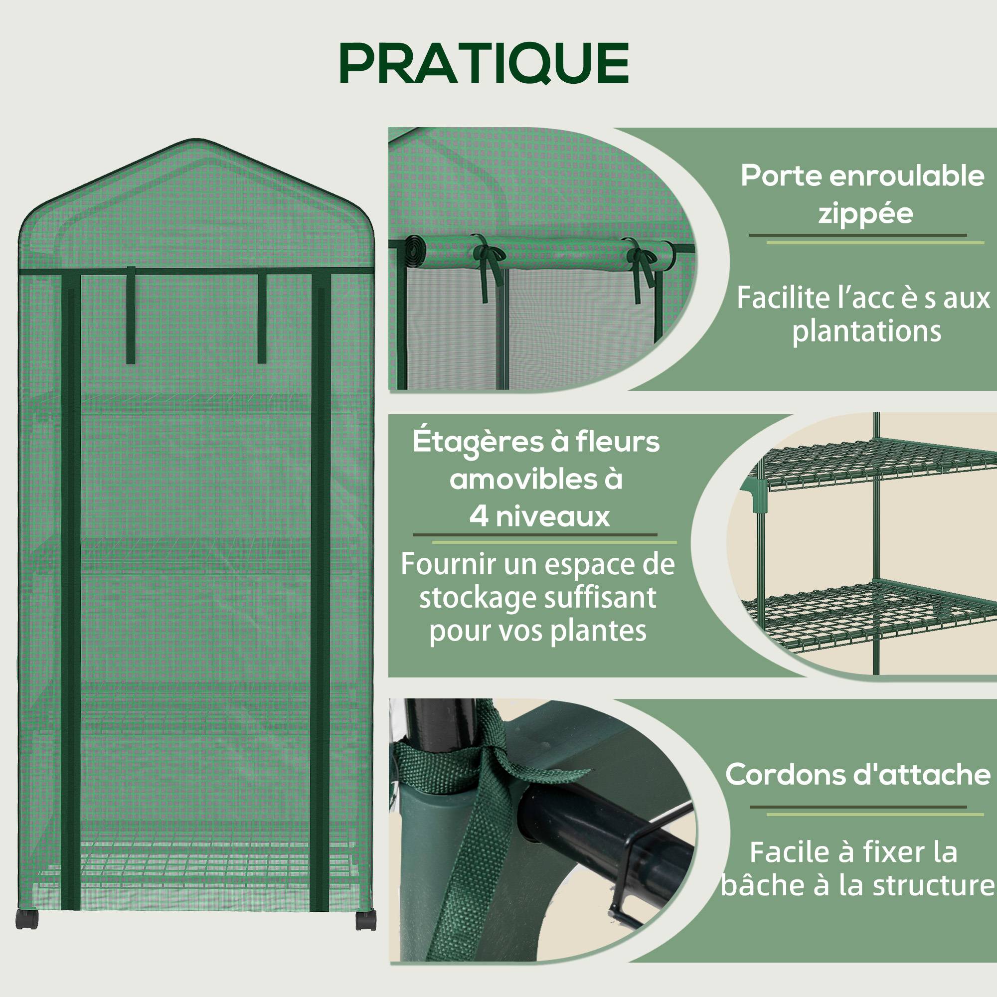 Serre balcon 4 niveaux en acier pour plantes tropicales protection 69x50x165cm vert - ComfortXL Outdoor Living - Image 8