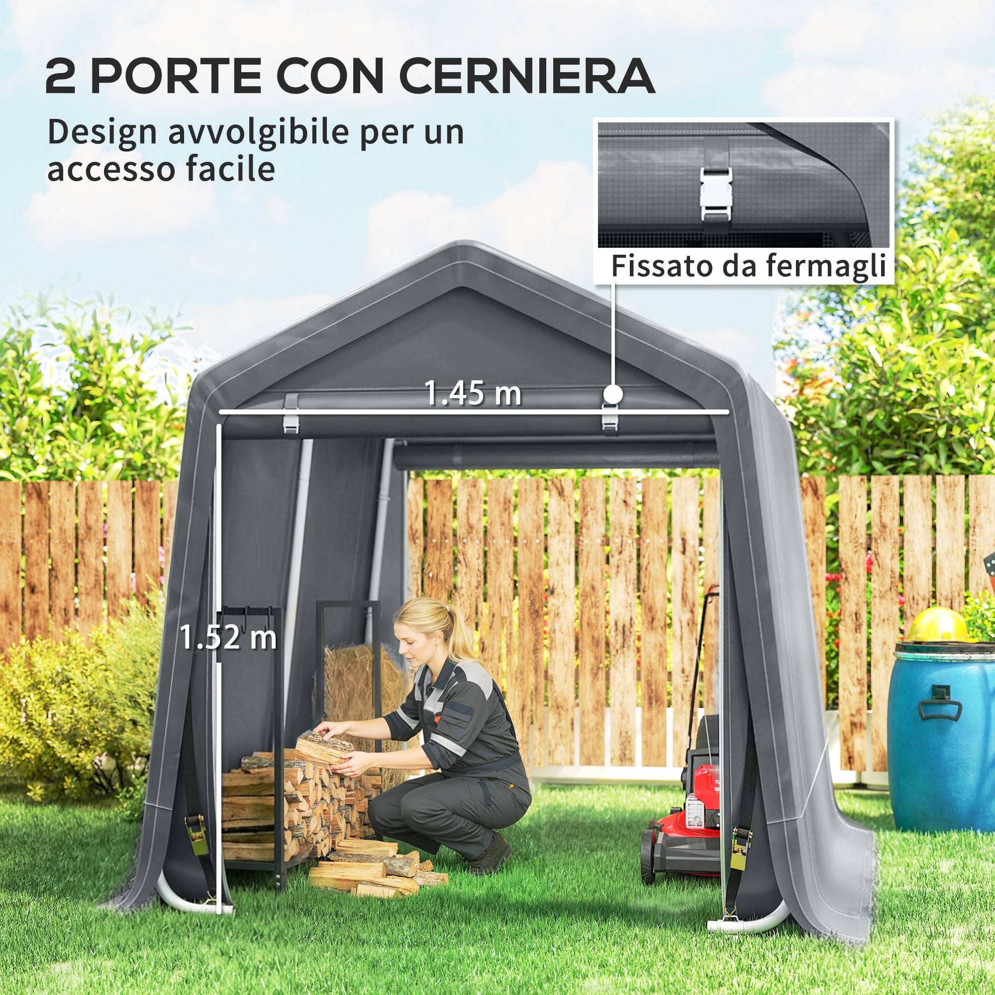 Tente garage 2,4x2m pour véhicules et vélos, cadre métal bâche PE, gris foncé - Image 7