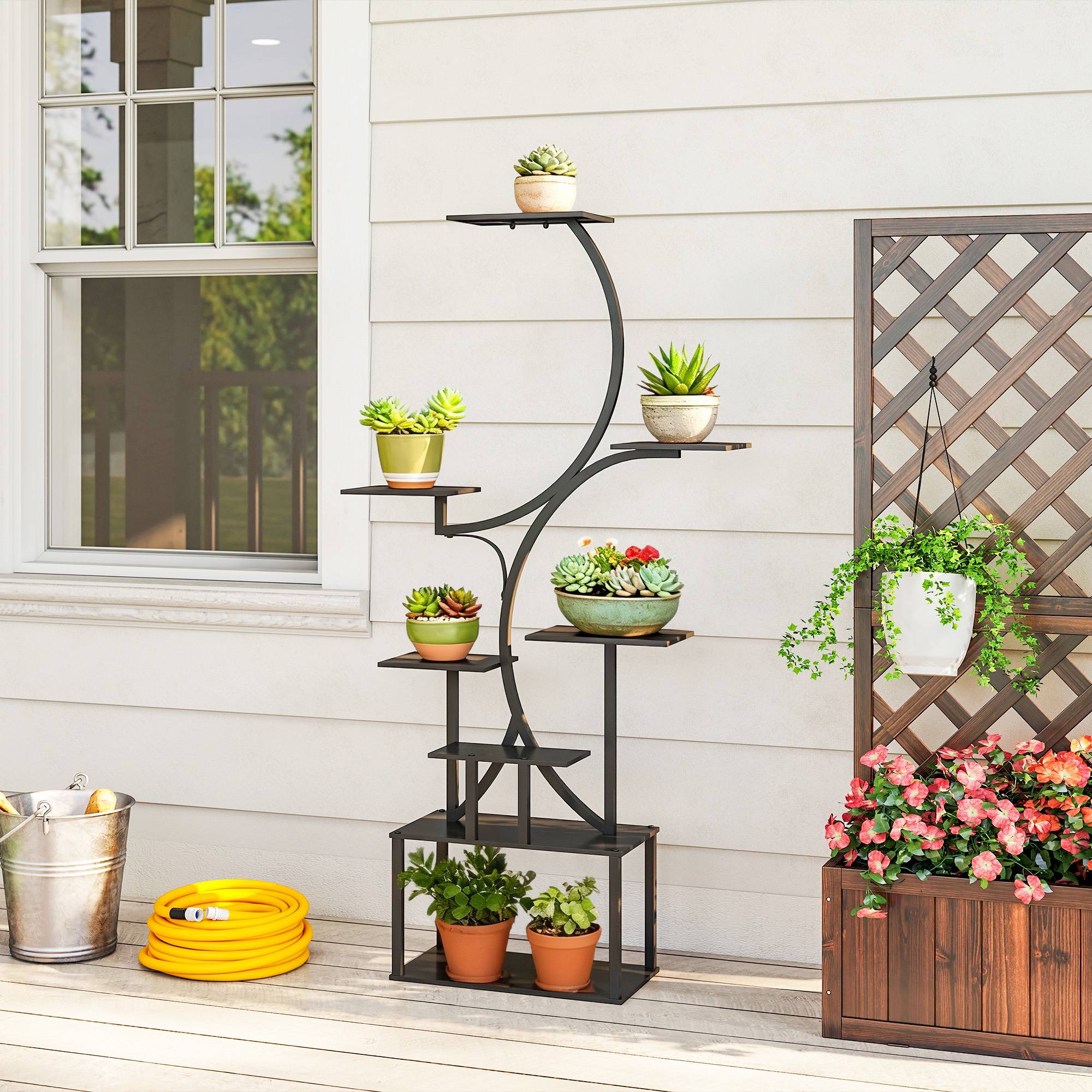 Sans Marque - Support plantes forme S 8 niveaux intérieur/extérieur métal 74x26x158,5 cm noir - Image 3