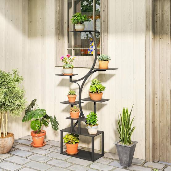 Sans Marque - Support plantes forme S 8 niveaux intérieur/extérieur métal 74x26x158,5 cm noir - Image 4
