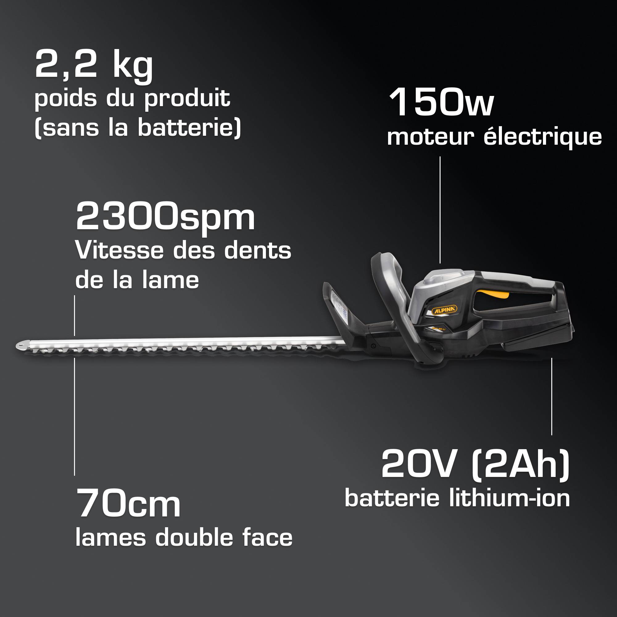 Alpina - Taille-haie sans fil AHT 20 Li K, lames 70 cm, batterie 20V 2Ah, moteur 150W - ALPINA - Image 6