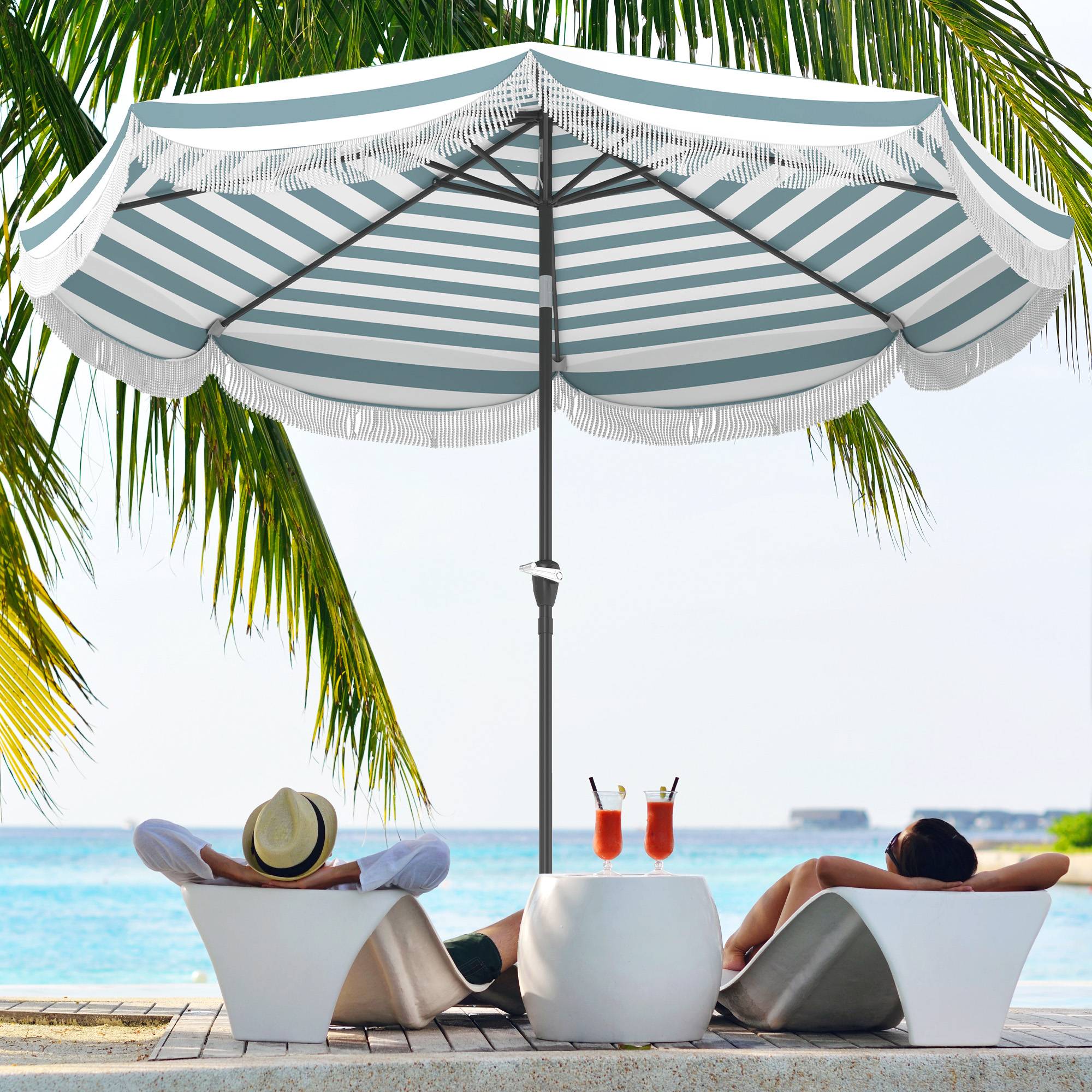 Parasol de jardin manivelle 2,7m, parasol inclinable d'extérieur UPF 30+ Polyester Bleu et blanc fr239 - Image 4