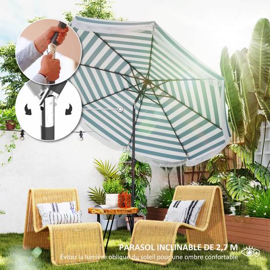 Parasol de jardin manivelle 2,7m, parasol inclinable d'extérieur UPF 30+ Polyester Bleu et blanc fr239 - Image 6