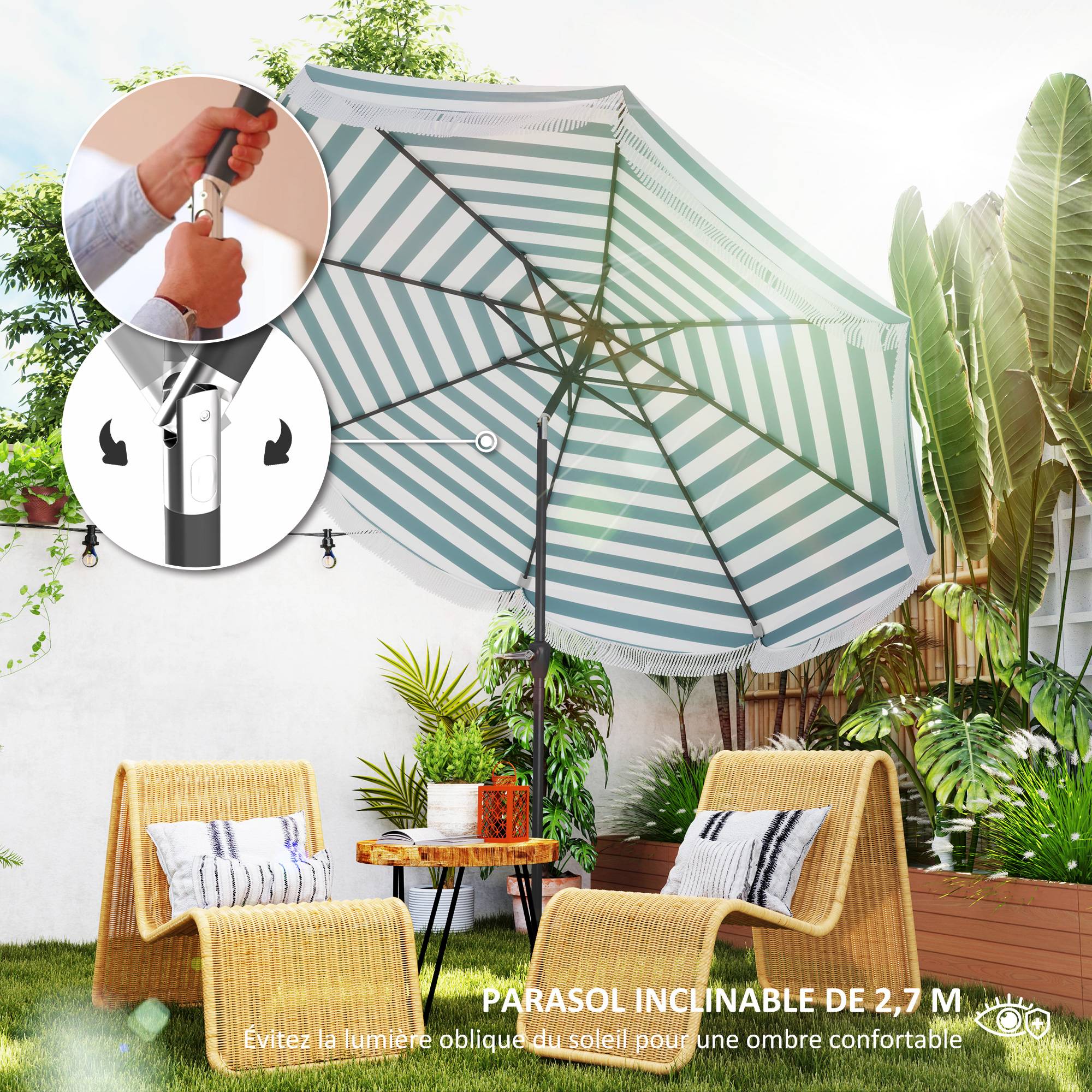 Parasol de jardin manivelle 2,7m, parasol inclinable d'extérieur UPF 30+ Polyester Bleu et blanc fr239 - Image 6