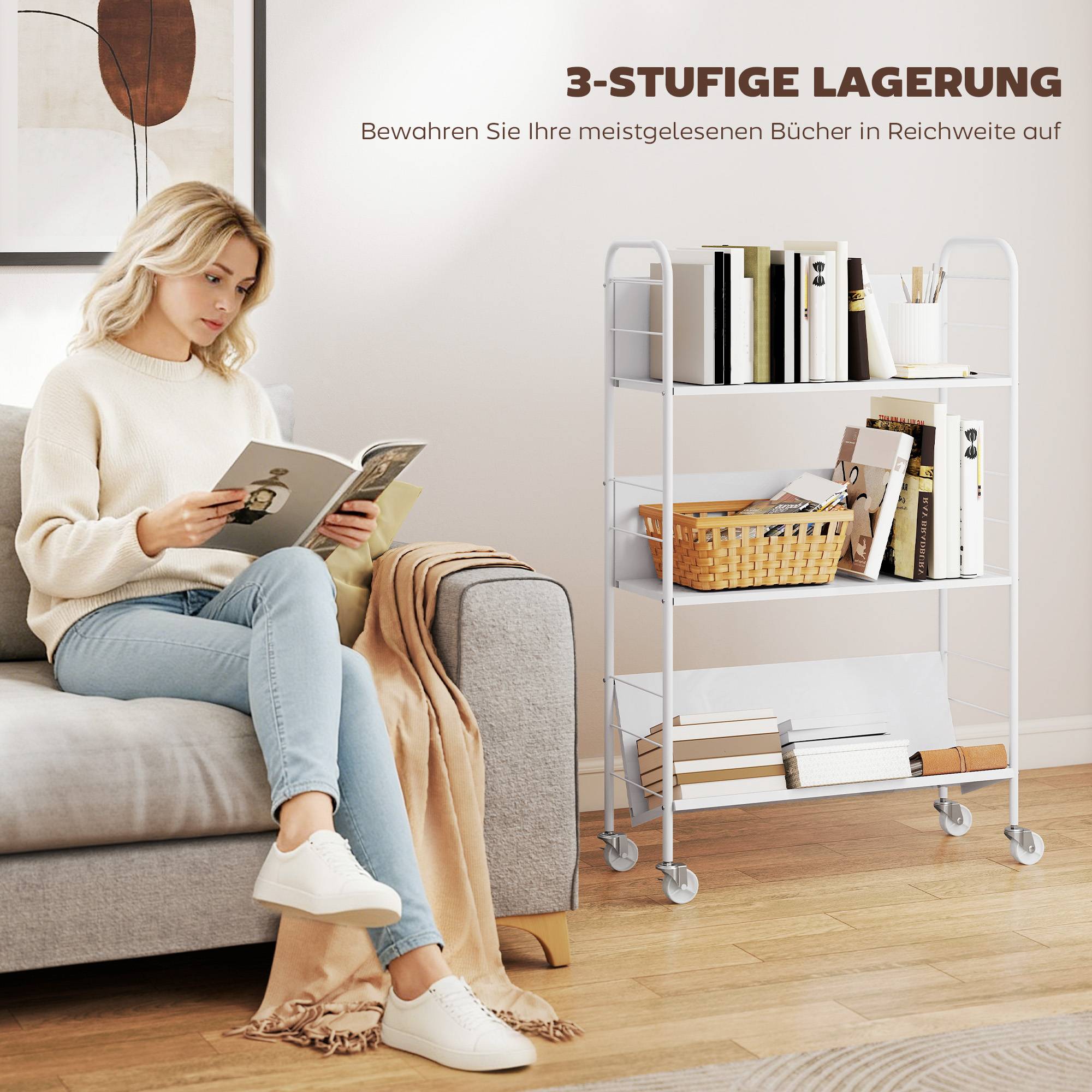 Étagère à livres/rangement à 3 niveaux, à roulettes, étagère à jouets pour chambre, 69 x 26 x 108 cm, blanche - Image 8