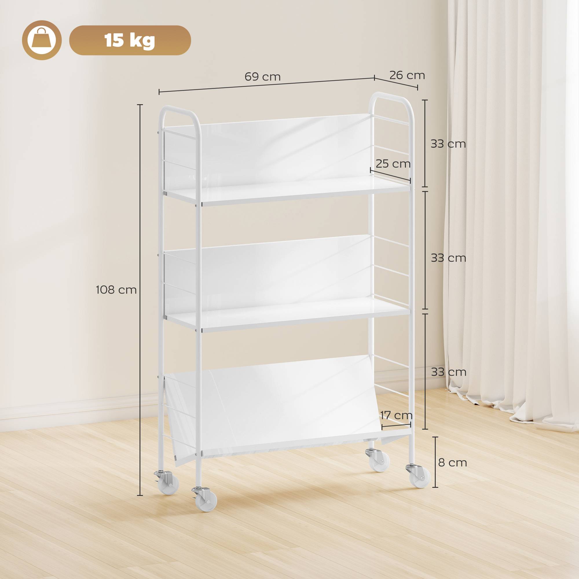 Étagère à livres/rangement à 3 niveaux, à roulettes, étagère à jouets pour chambre, 69 x 26 x 108 cm, blanche - Image 5