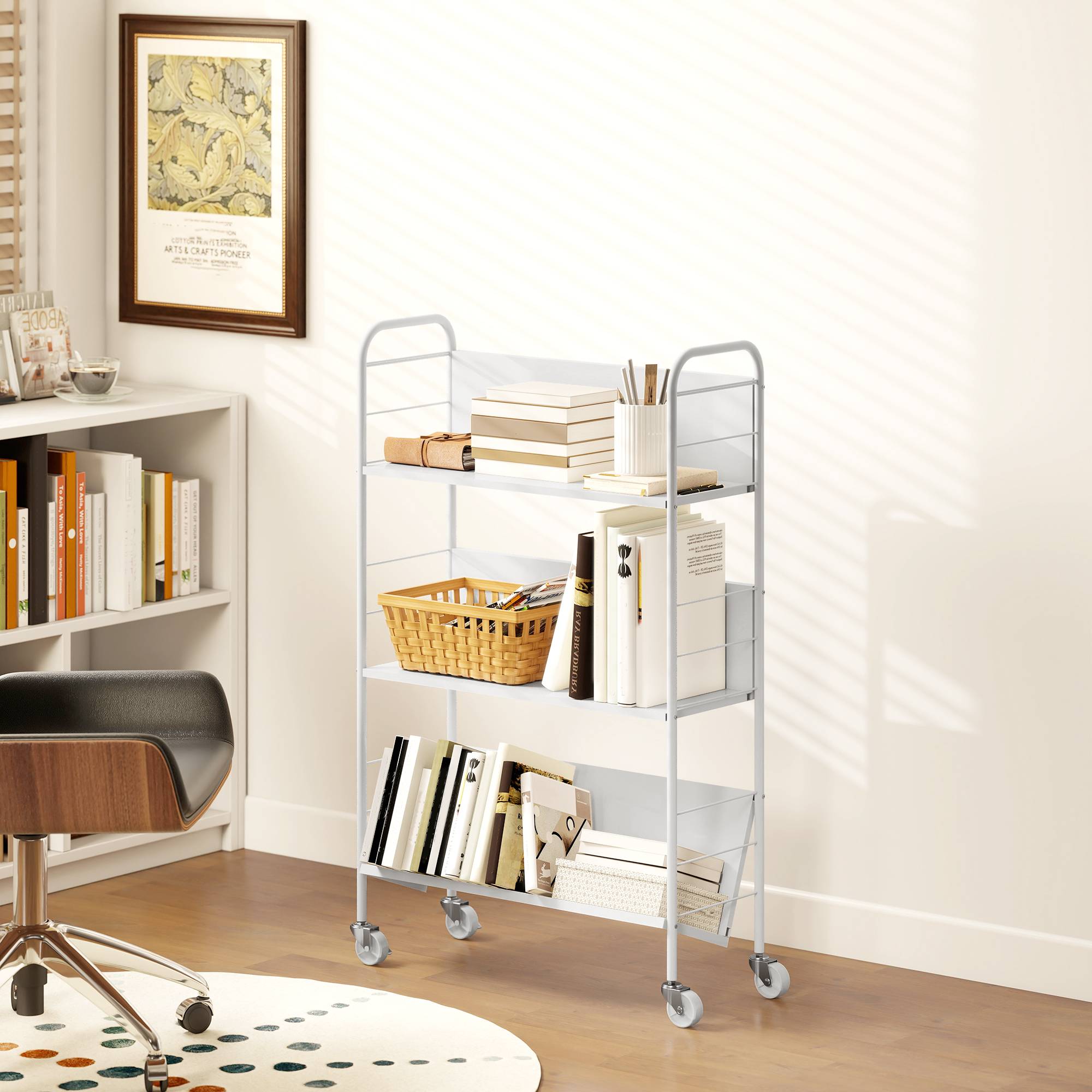 Étagère à livres/rangement à 3 niveaux, à roulettes, étagère à jouets pour chambre, 69 x 26 x 108 cm, blanche - Image 4