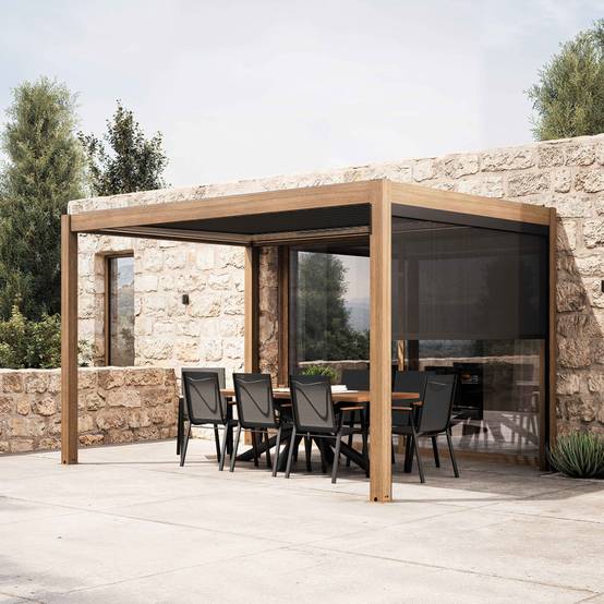 Oviala - Pergola bioclimatique autoportée et motorisée éclairée 3x4m et 1 store Kavala - Oviala - Image 1