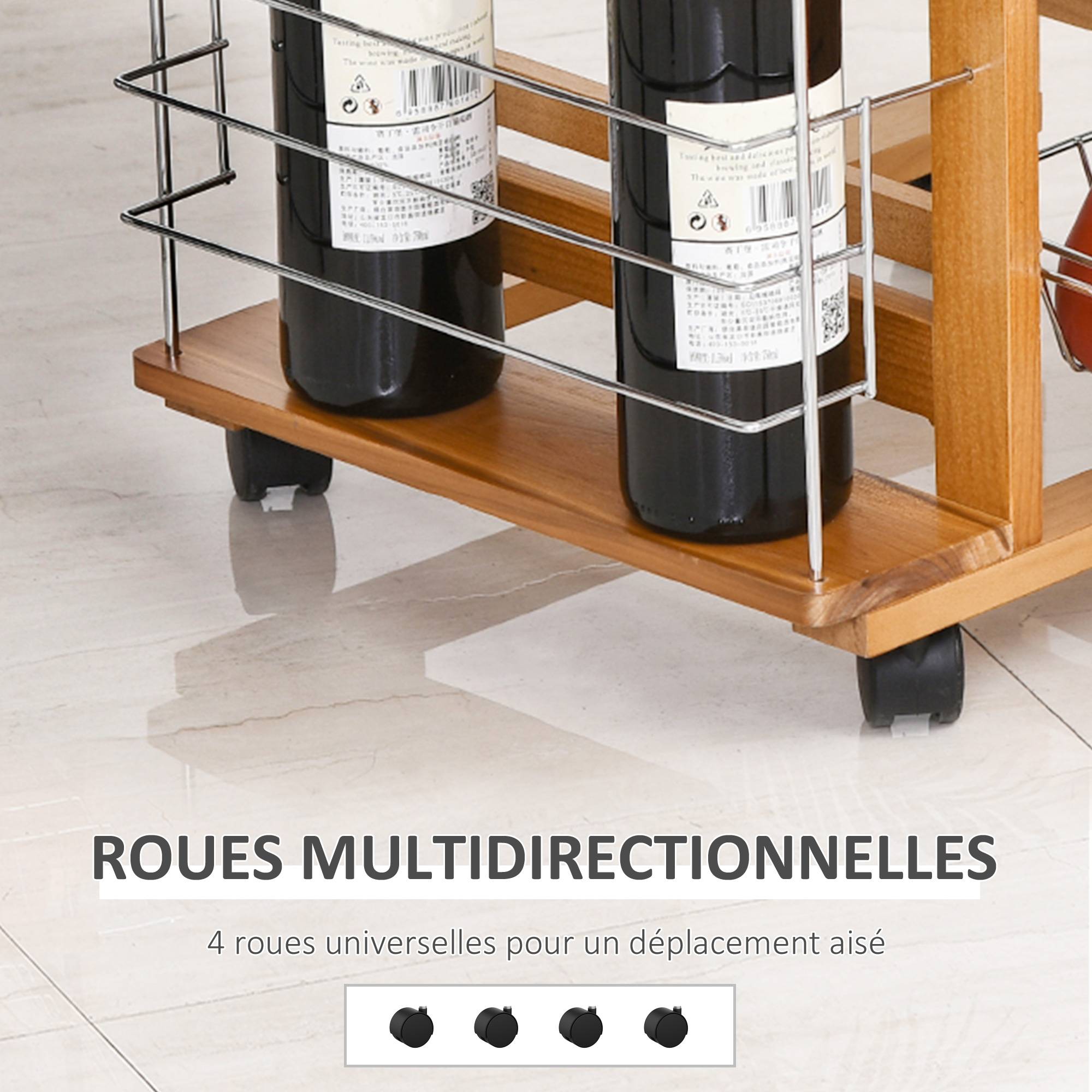 Desserte cuisine à roulettes avec tiroir, 4 paniers et étagères latérales, 47 x 37 x 83 cm, blanc et marron - Image 7