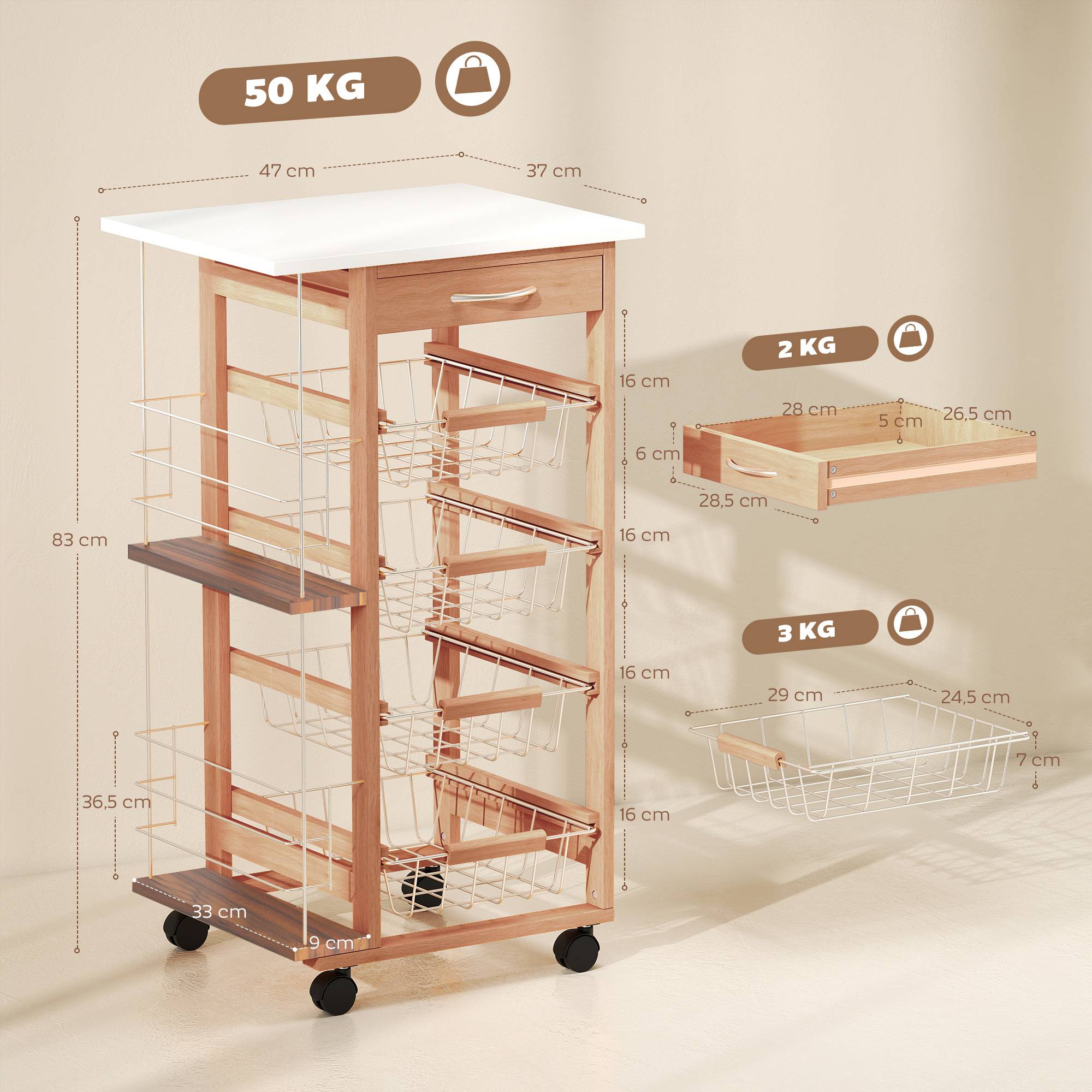 Desserte cuisine à roulettes avec tiroir, 4 paniers et étagères latérales, 47 x 37 x 83 cm, blanc et marron - Image 5