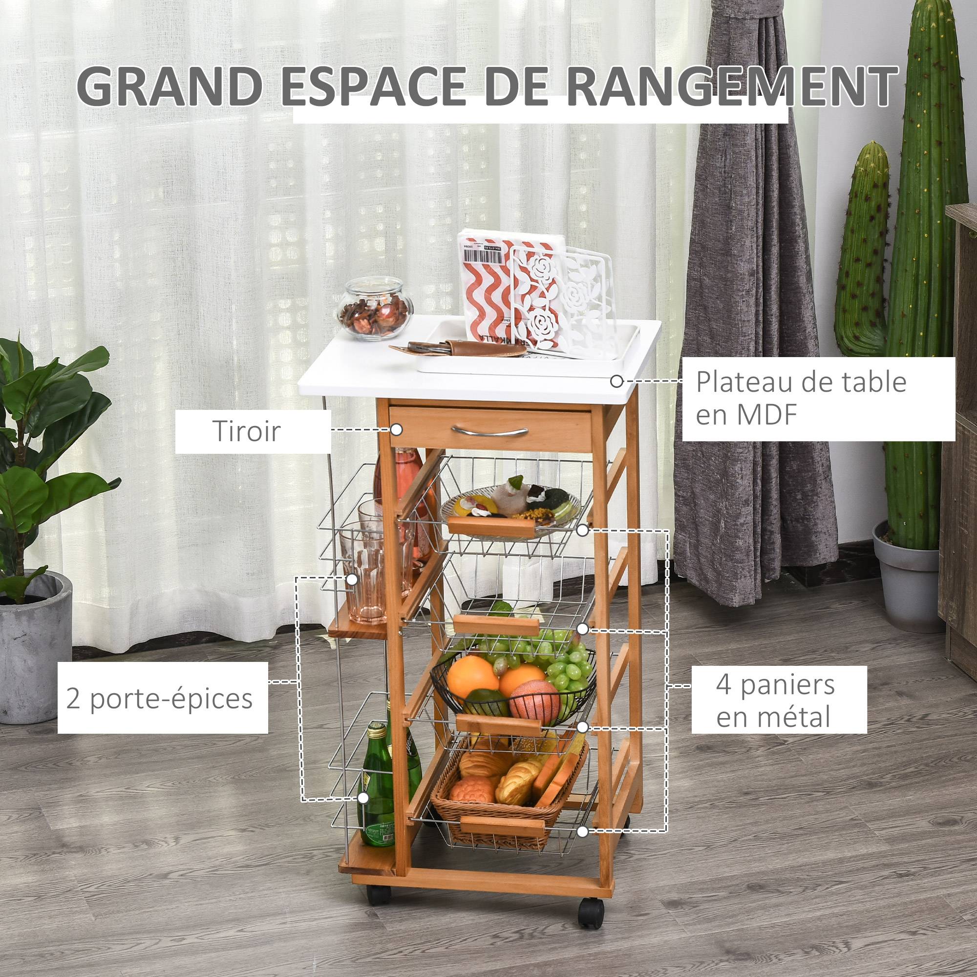 Desserte cuisine à roulettes avec tiroir, 4 paniers et étagères latérales, 47 x 37 x 83 cm, blanc et marron - Image 6