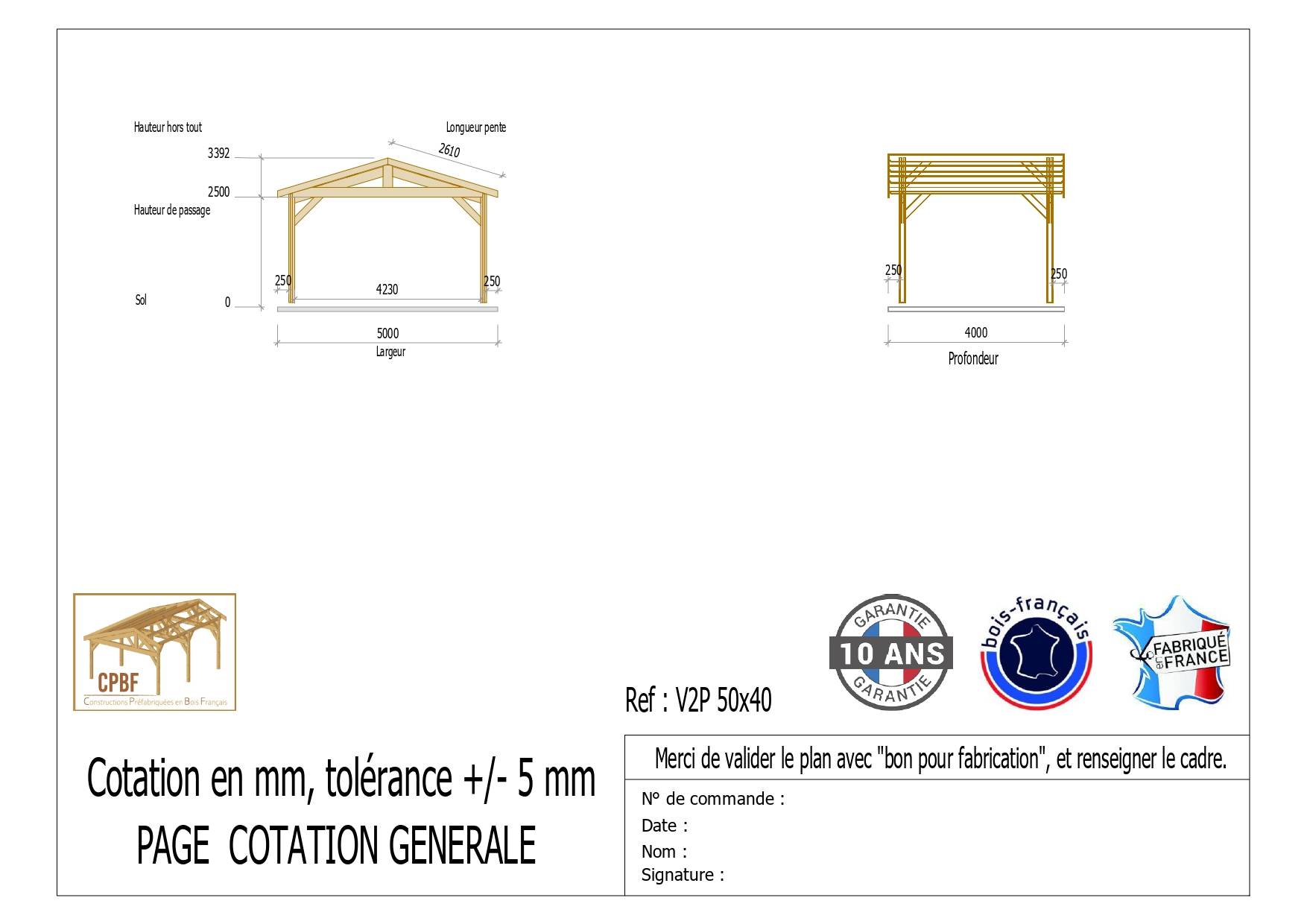 Cpbf Charpentes - Carport Charpente deux pentes 500 cm x 400 cm, bois DOUGLAS Français  (Charpente en bois-auvent-abri voiture),  20 m². Garantie 10 ans - Image 2