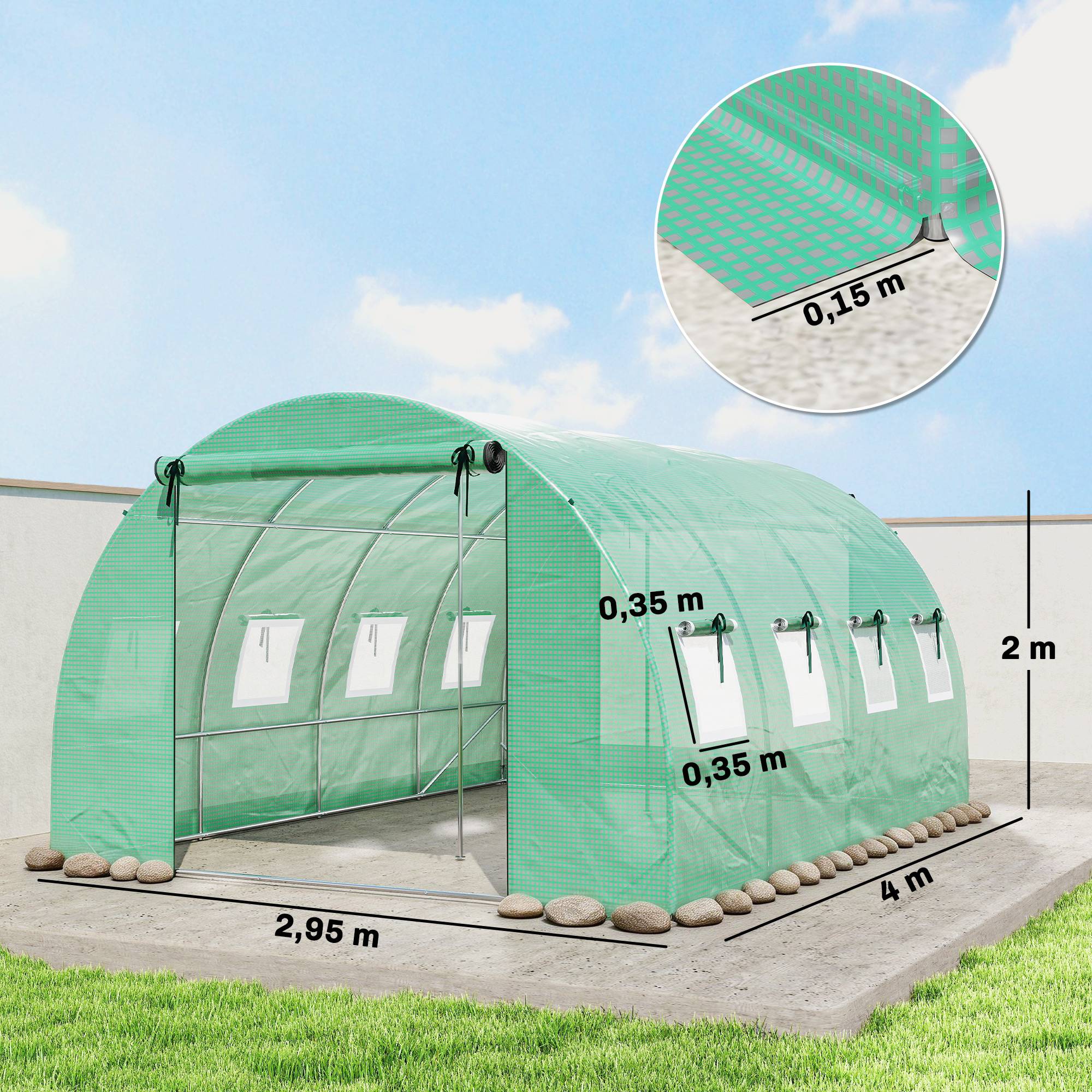 Sans Marque - Serre tunnel 12 m² 295x400x200 cm PE 140 g/m² 2 portes 8 fenêtres serre jardin verte - Image 5