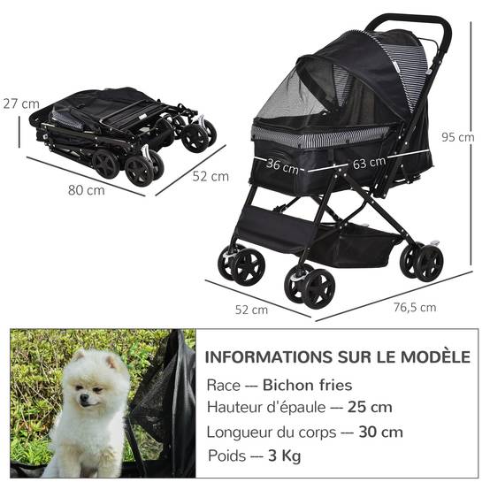 Poussette pour Chien Pliable avec Guidon Réglable Roues EVA et Panier 76,5 x 52 x 95 cm - Image 5