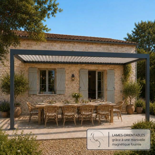 Pergola Bioclimatique Aluminium Adossée Anthracite 5x3 Manuelle S ORIAL France - Image 3