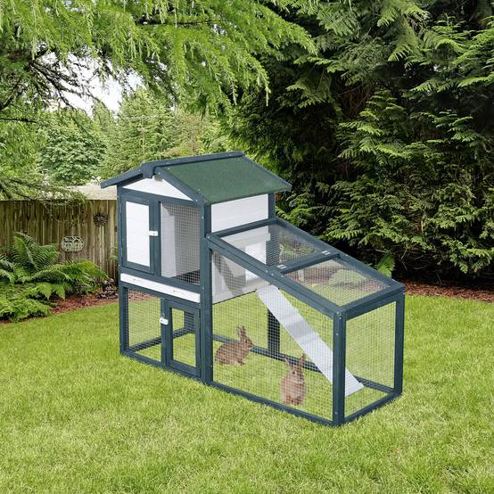 Cage en bois à deux niveaux pour lapins et autres animaux de compagnie, avec double porte, 140 x 65 x 100 cm, verte et blanche - Image 3