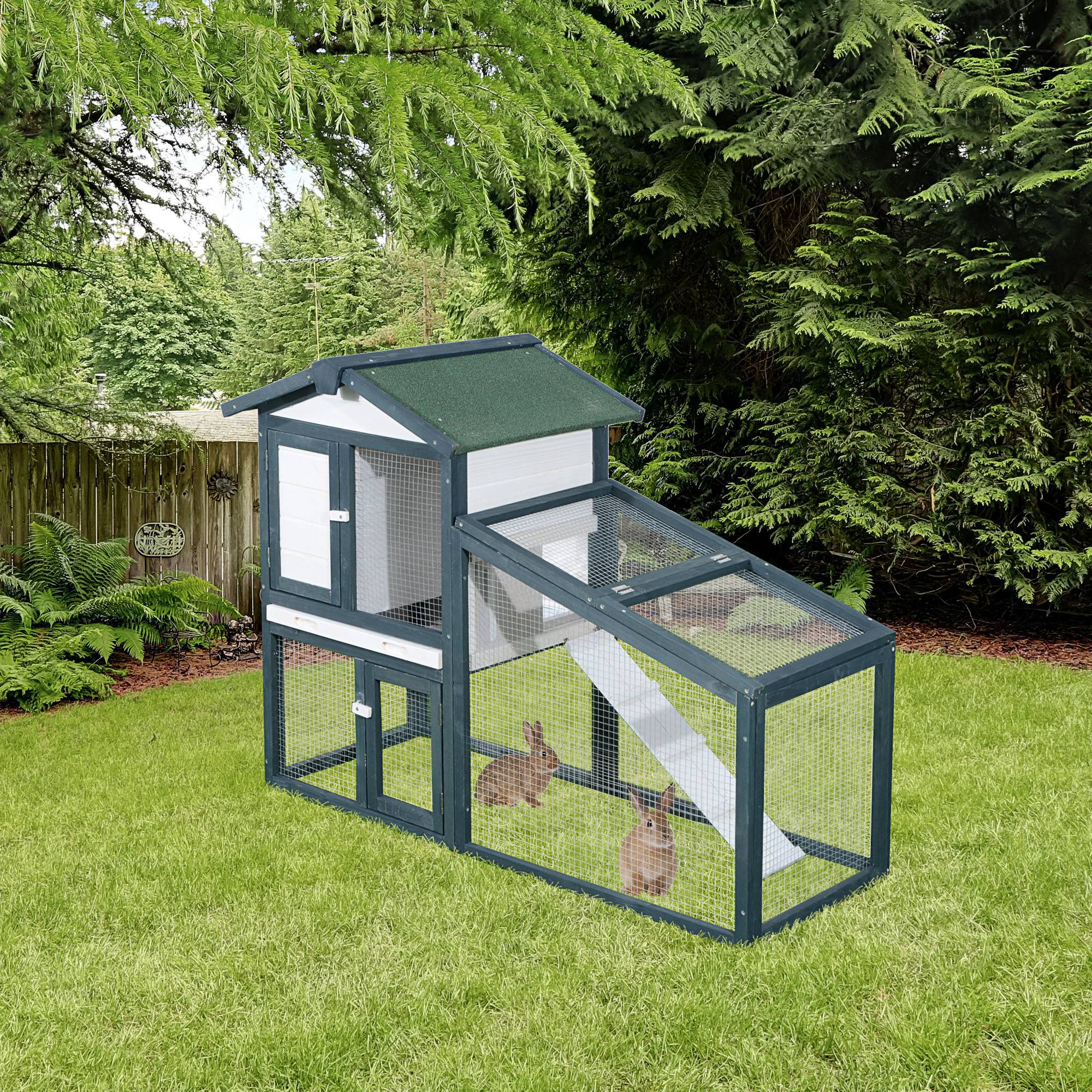 Cage en bois à deux niveaux pour lapins et autres animaux de compagnie, avec double porte, 140 x 65 x 100 cm, verte et blanche - Image 3