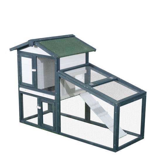 Cage en bois à deux niveaux pour lapins et autres animaux de compagnie, avec double porte, 140 x 65 x 100 cm, verte et blanche - Image 1