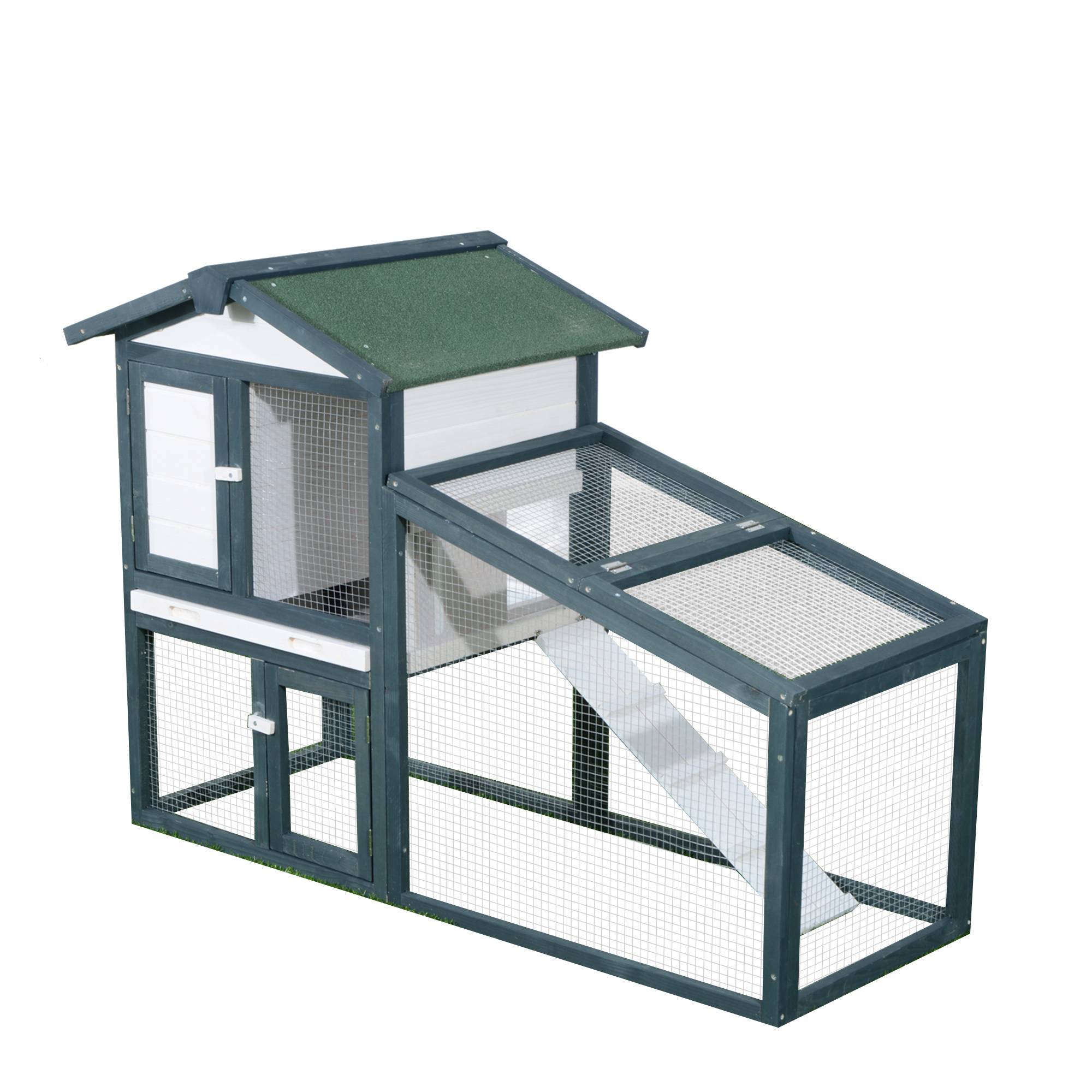 Cage en bois à deux niveaux pour lapins et autres animaux de compagnie, avec double porte, 140 x 65 x 100 cm, verte et blanche - Image 1