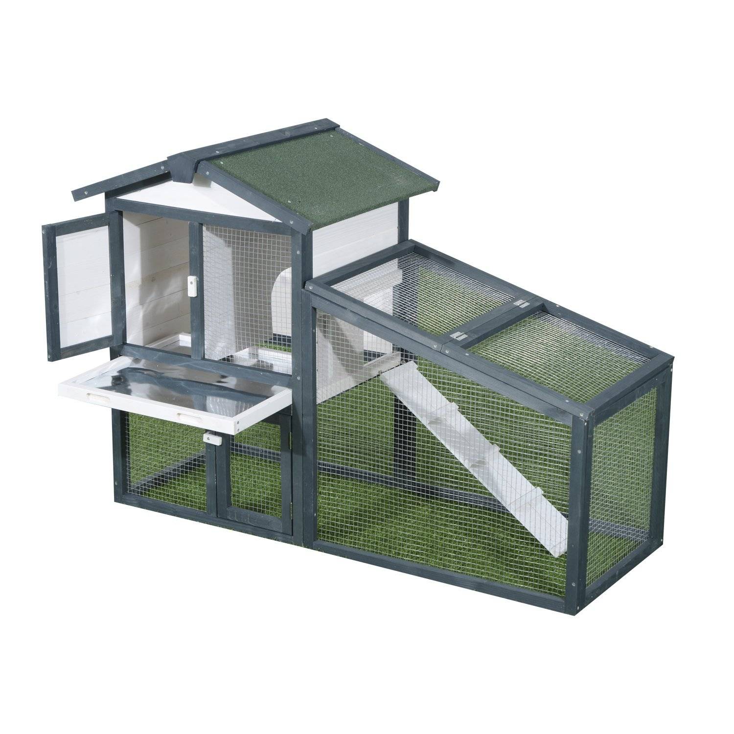 Cage en bois à deux niveaux pour lapins et autres animaux de compagnie, avec double porte, 140 x 65 x 100 cm, verte et blanche - Image 2