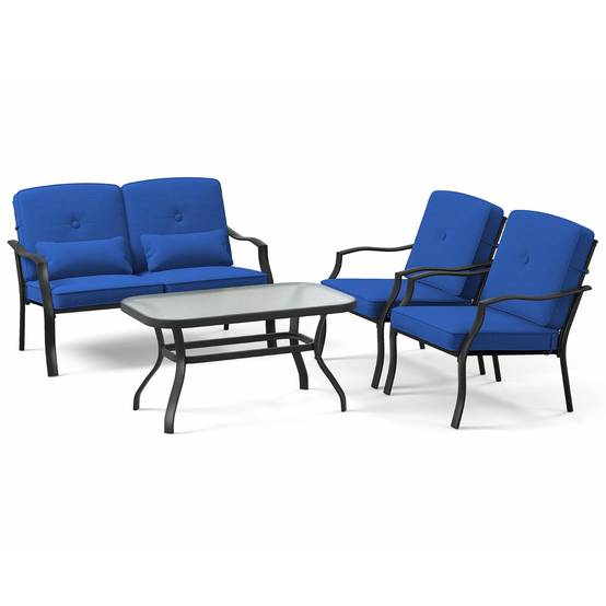 Maison Chic - 4 Pcs Salon de Jardin en Métal Table Basse en Verre Trempé 2 Chaises Simples Canapé Double 4 Coussins 2 Oreillers Bleu - Image 1