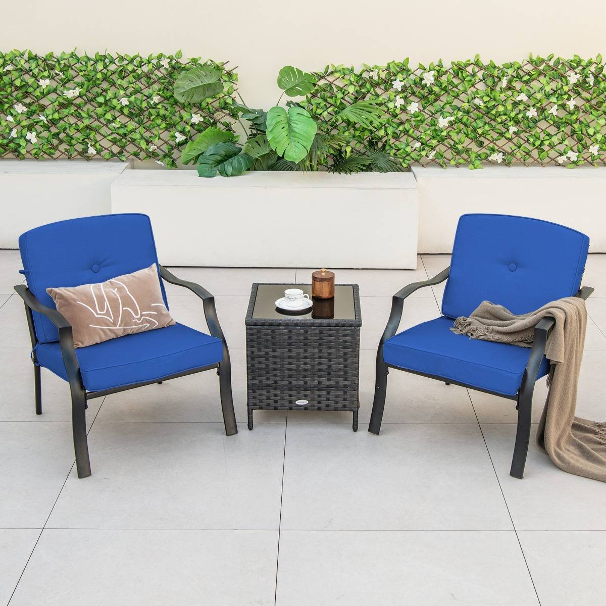 Maison Chic - 4 Pcs Salon de Jardin en Métal Table Basse en Verre Trempé 2 Chaises Simples Canapé Double 4 Coussins 2 Oreillers Bleu - Image 5