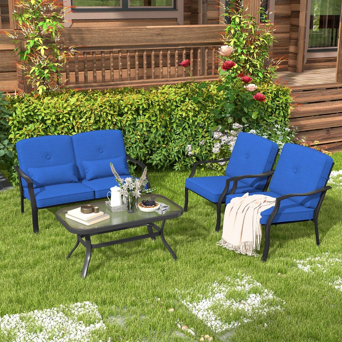 Maison Chic - 4 Pcs Salon de Jardin en Métal Table Basse en Verre Trempé 2 Chaises Simples Canapé Double 4 Coussins 2 Oreillers Bleu - Image 4