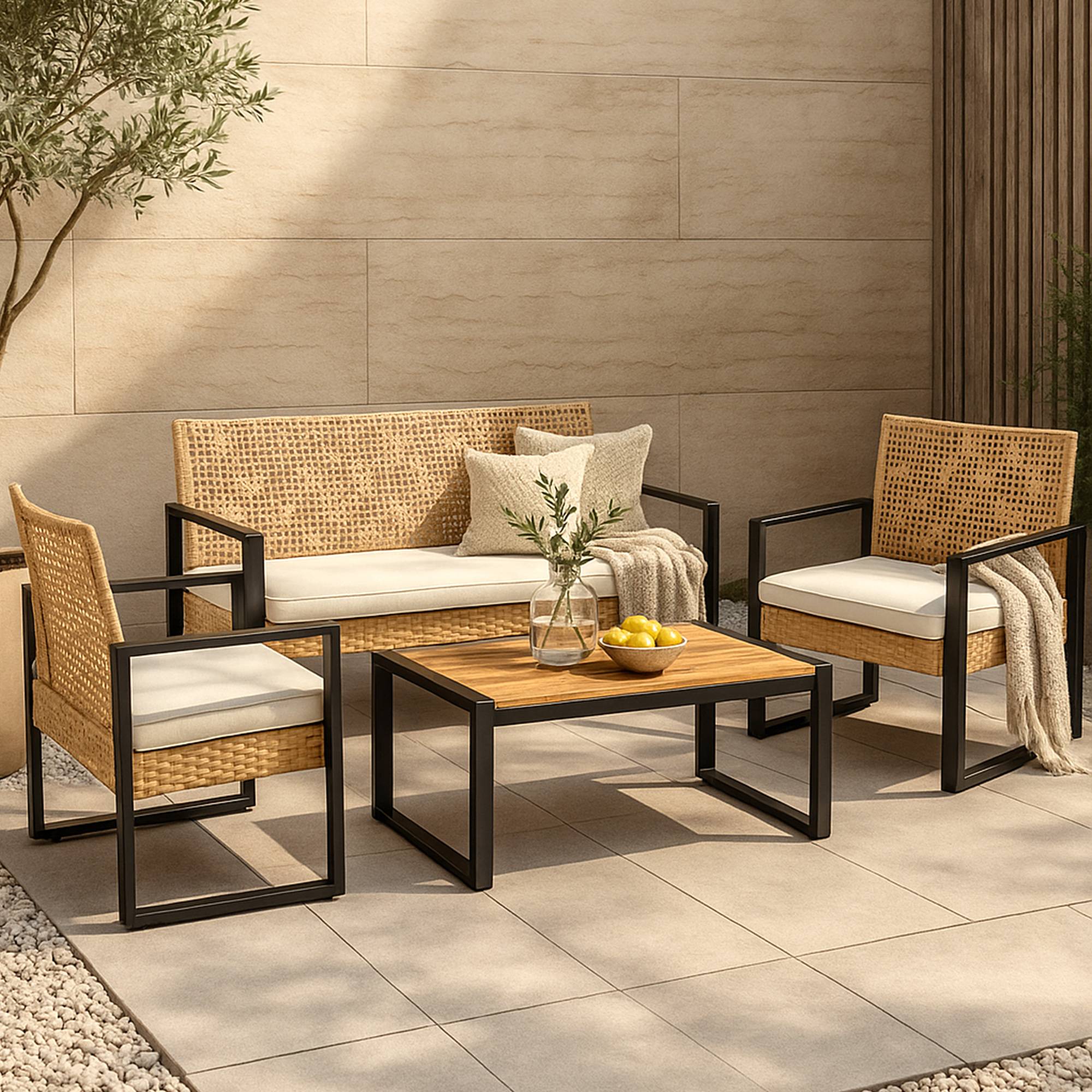 Casa.Pro - Salon de jardin 4 pièces Calciano aspect rotin beige noir naturel casa.pro - Image 6