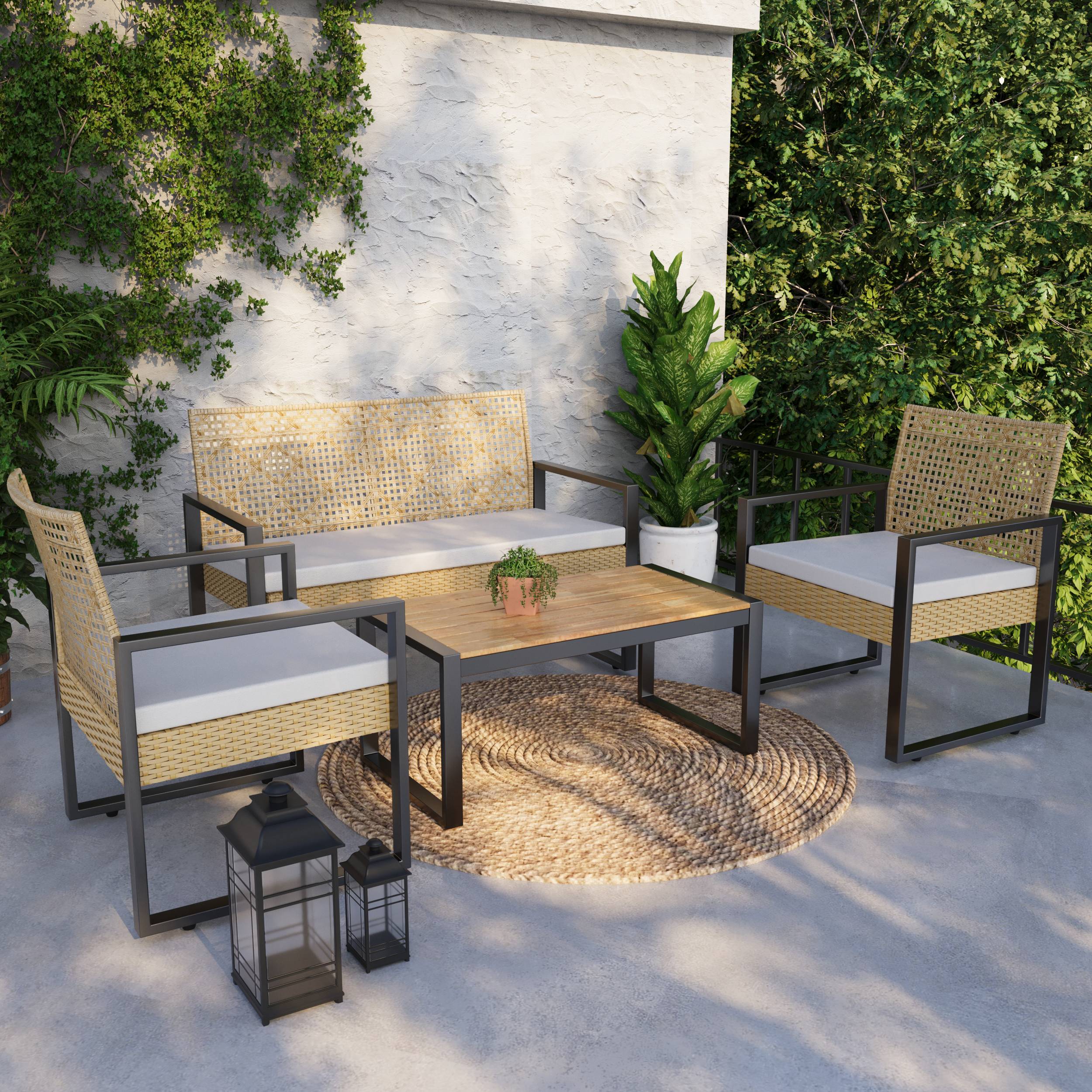 Casa.Pro - Salon de jardin 4 pièces Calciano aspect rotin beige noir naturel casa.pro - Image 2