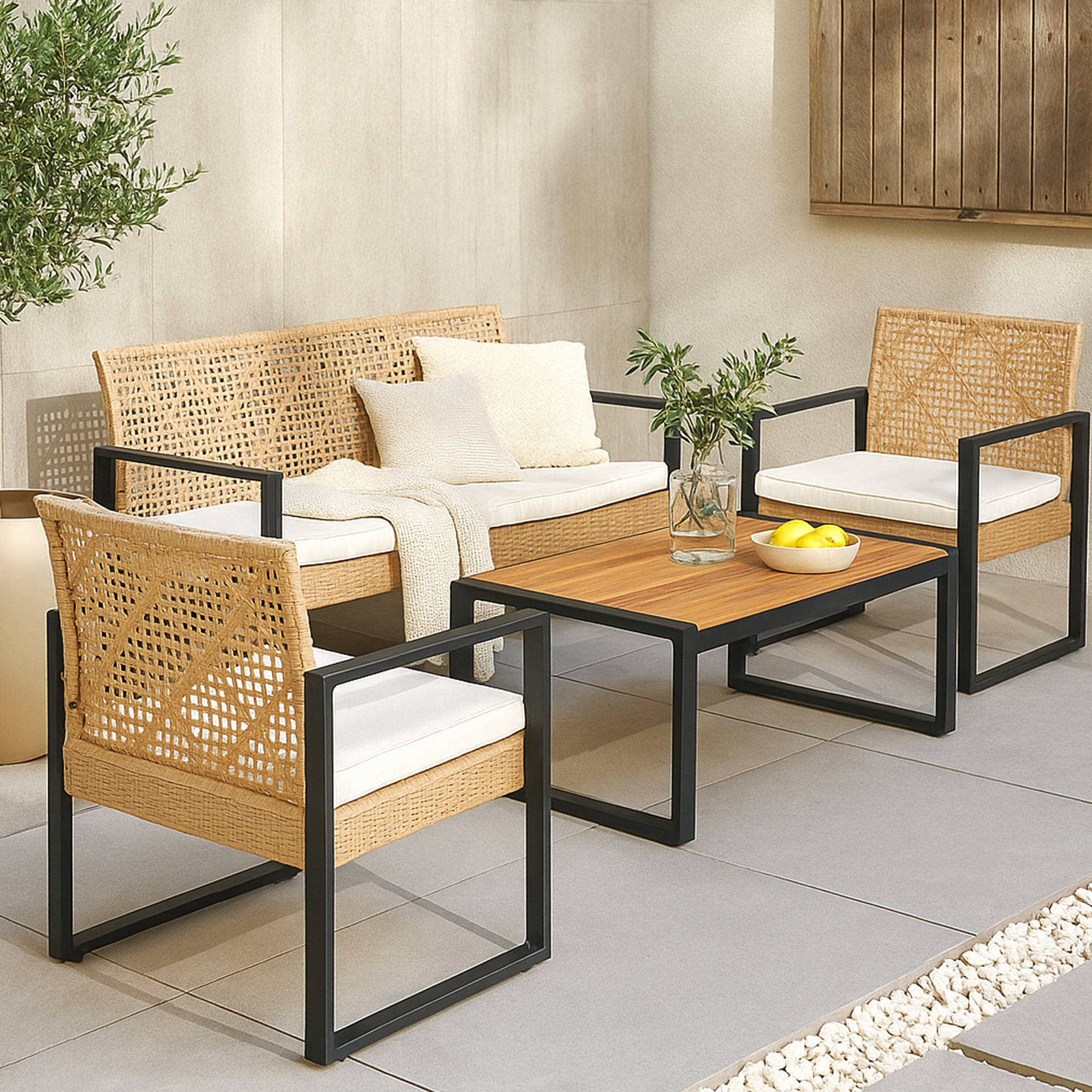 Casa.Pro - Salon de jardin 4 pièces Calciano aspect rotin beige noir naturel casa.pro - Image 5