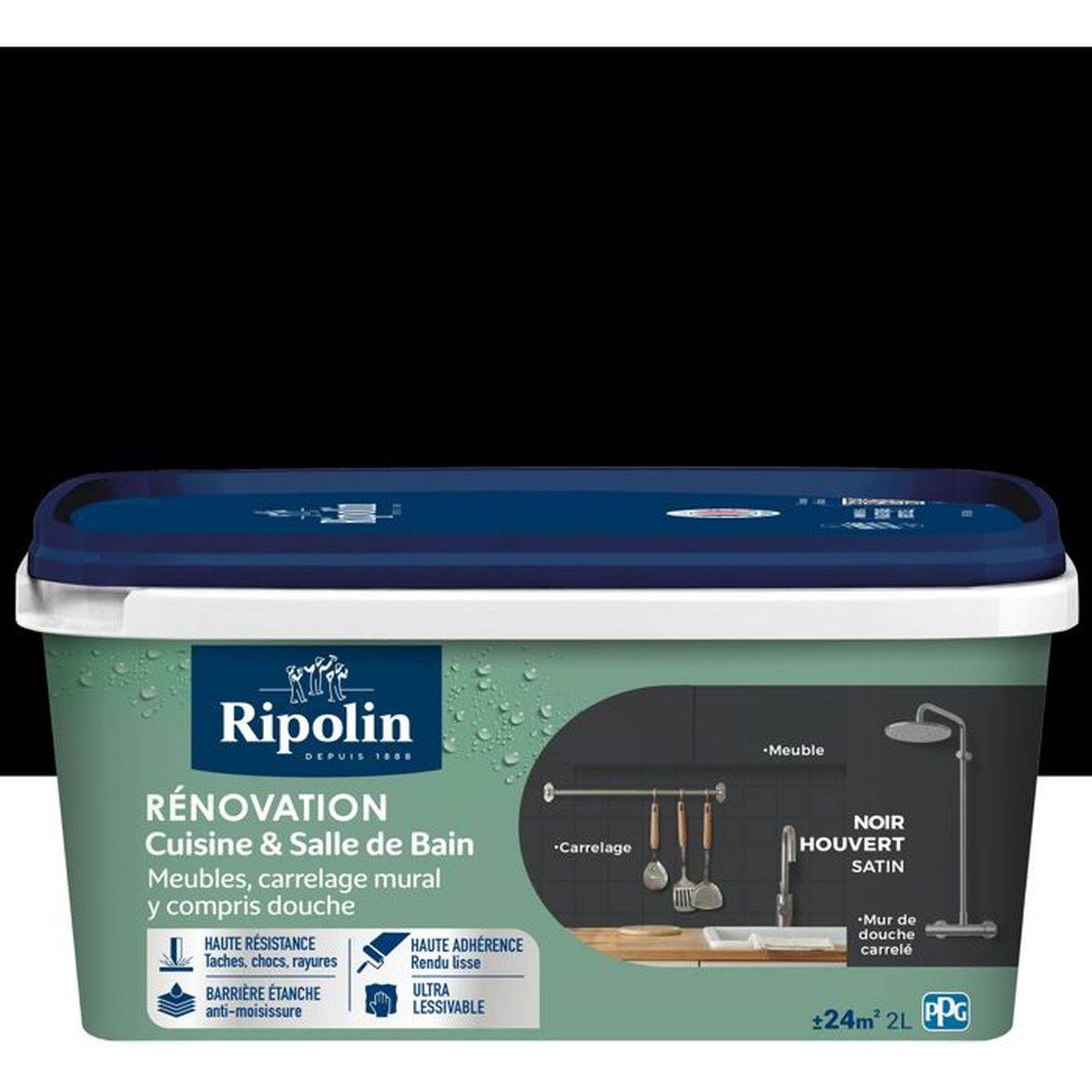 Ripolin - Peinture de rénovation Cuisine et Bain satin noir houvert 2L, 2 en 1 - RIPOLIN - Image 2