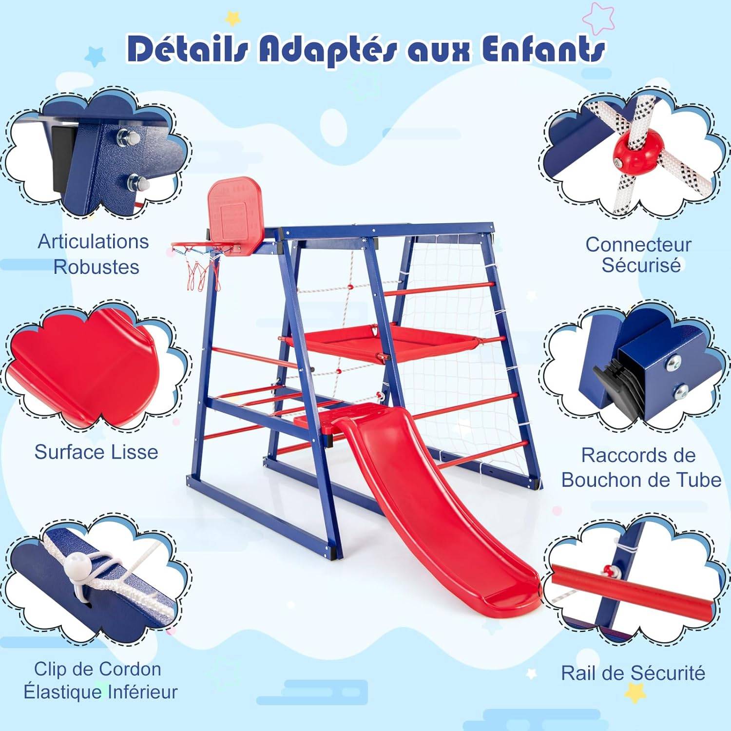 COSTWAY 7 en 1 Aire de Jeux d’Escalade Enfant avec Toboggan & Panier de Basketball, Jouet d’Escalade Montessori avec 2 Plateforme - Image 2