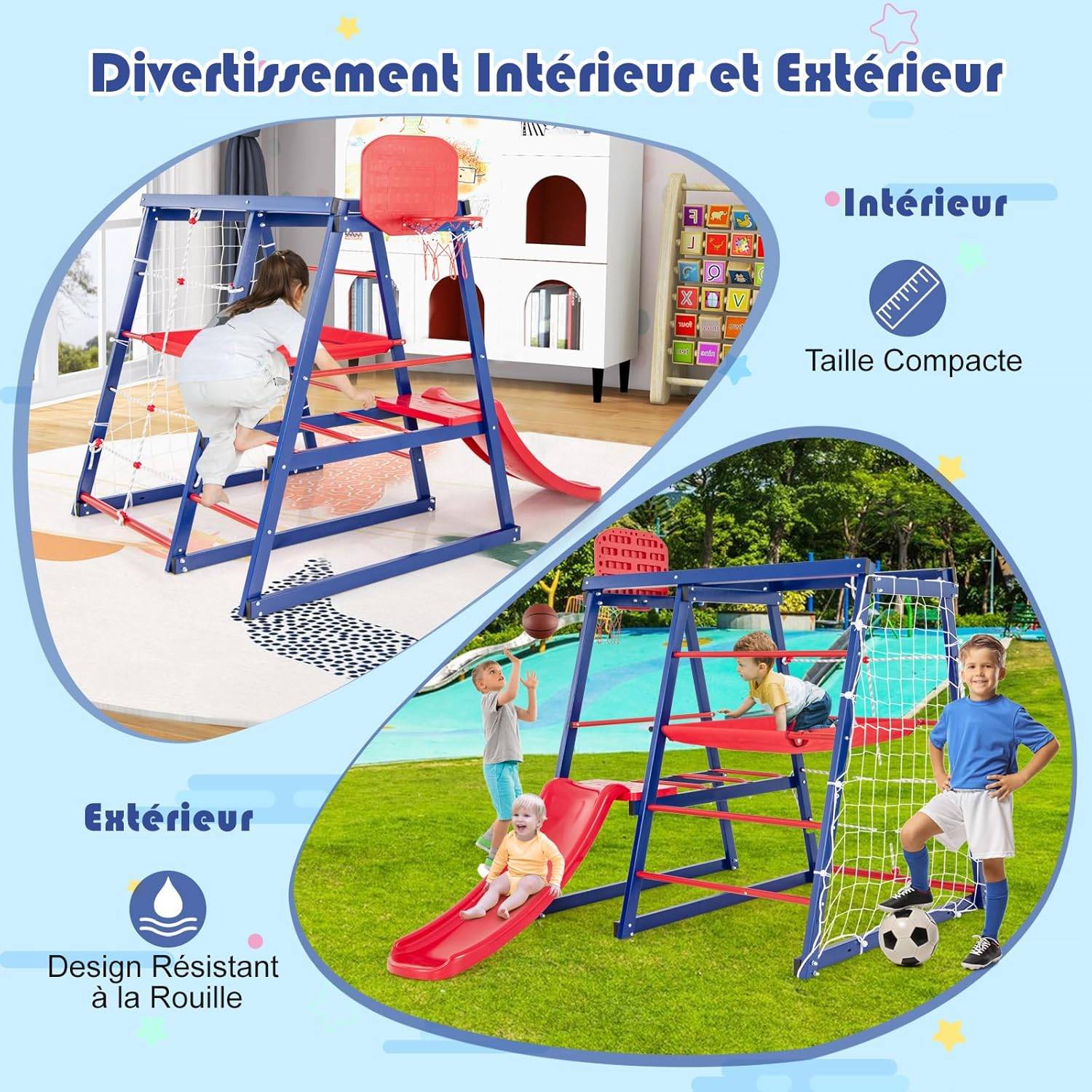 COSTWAY 7 en 1 Aire de Jeux d’Escalade Enfant avec Toboggan & Panier de Basketball, Jouet d’Escalade Montessori avec 2 Plateforme - Image 6
