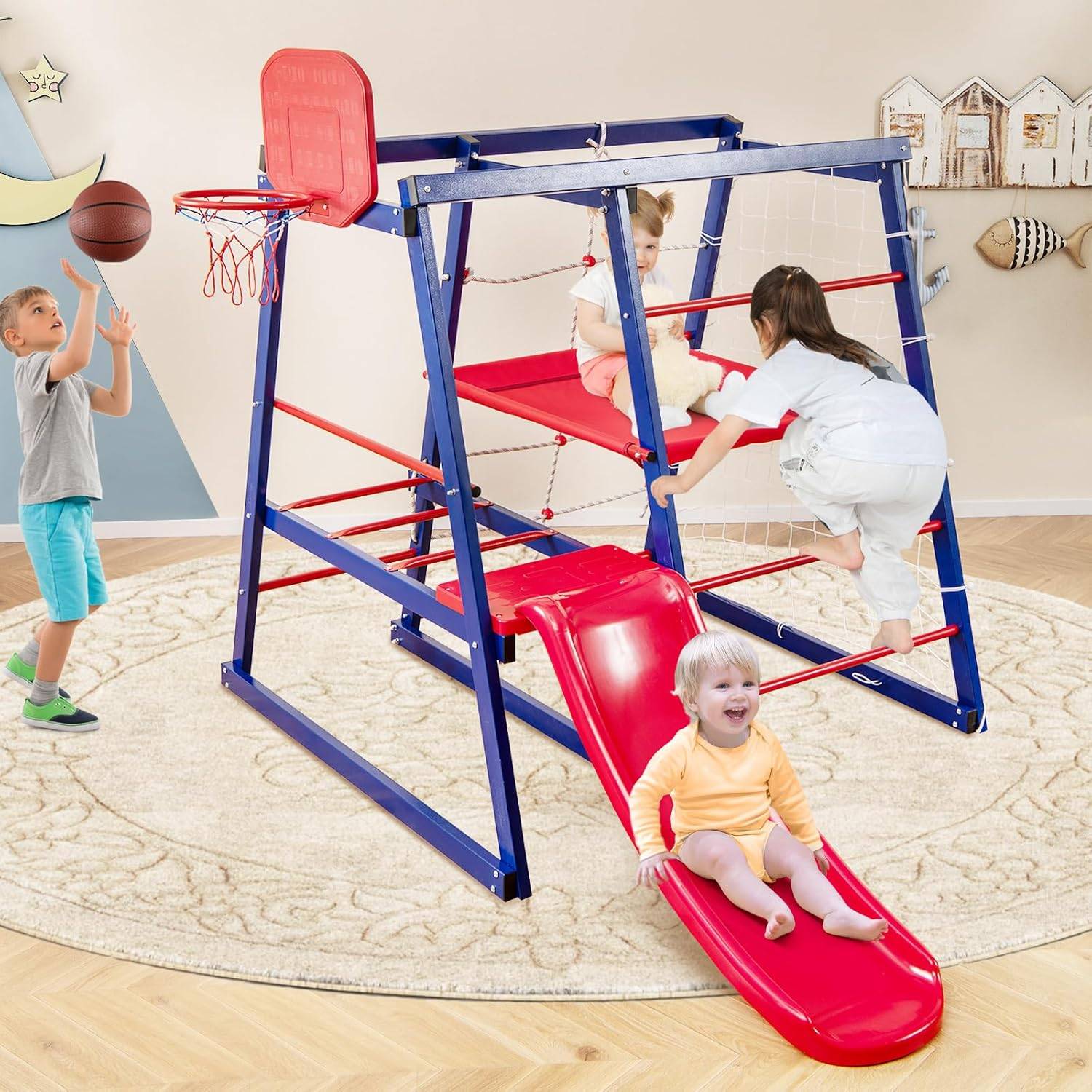 COSTWAY 7 en 1 Aire de Jeux d’Escalade Enfant avec Toboggan & Panier de Basketball, Jouet d’Escalade Montessori avec 2 Plateforme - Image 8